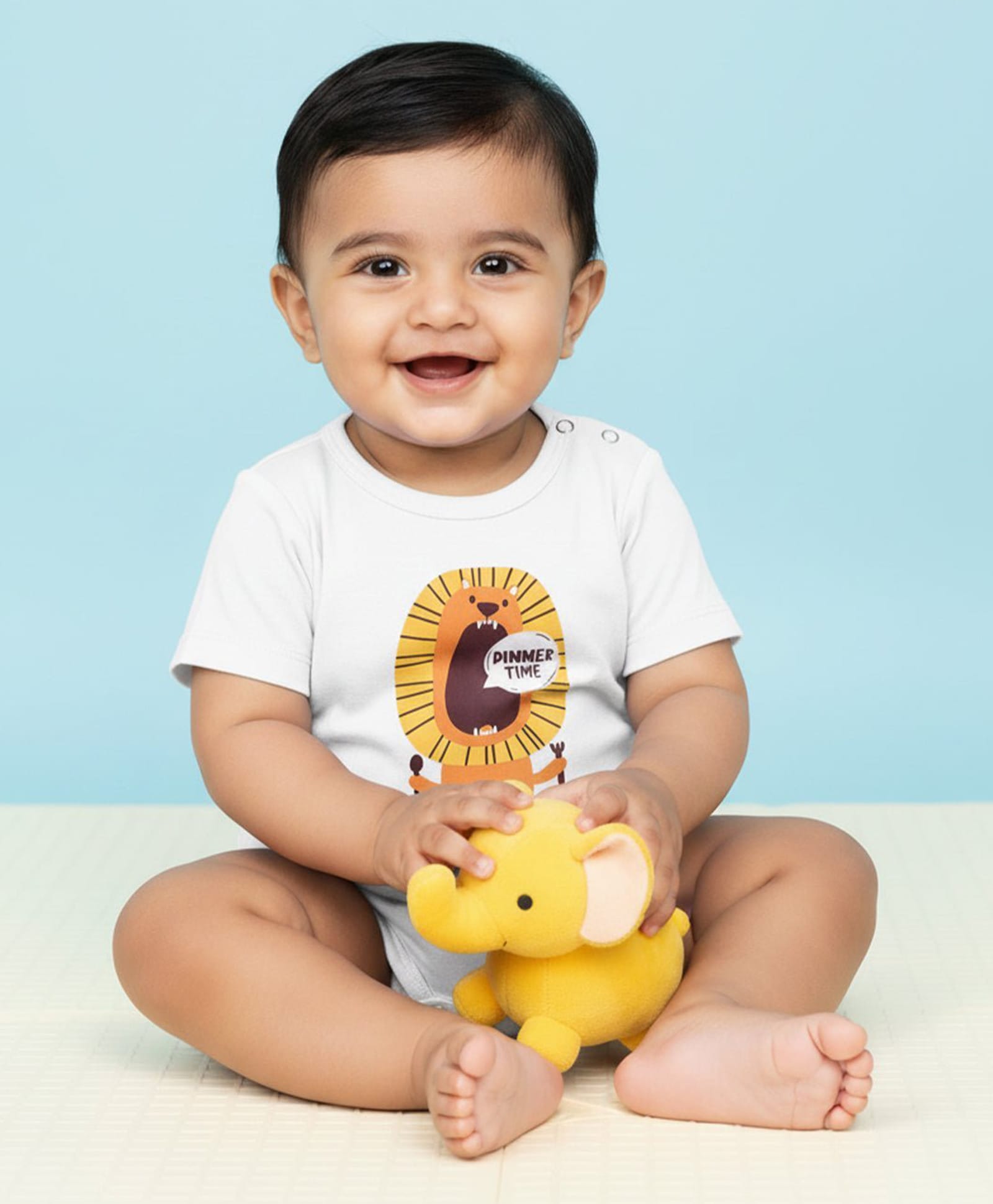 The Mom Store Cotton Knit Half Sleeves Lion Printed Onesie - White-image-20