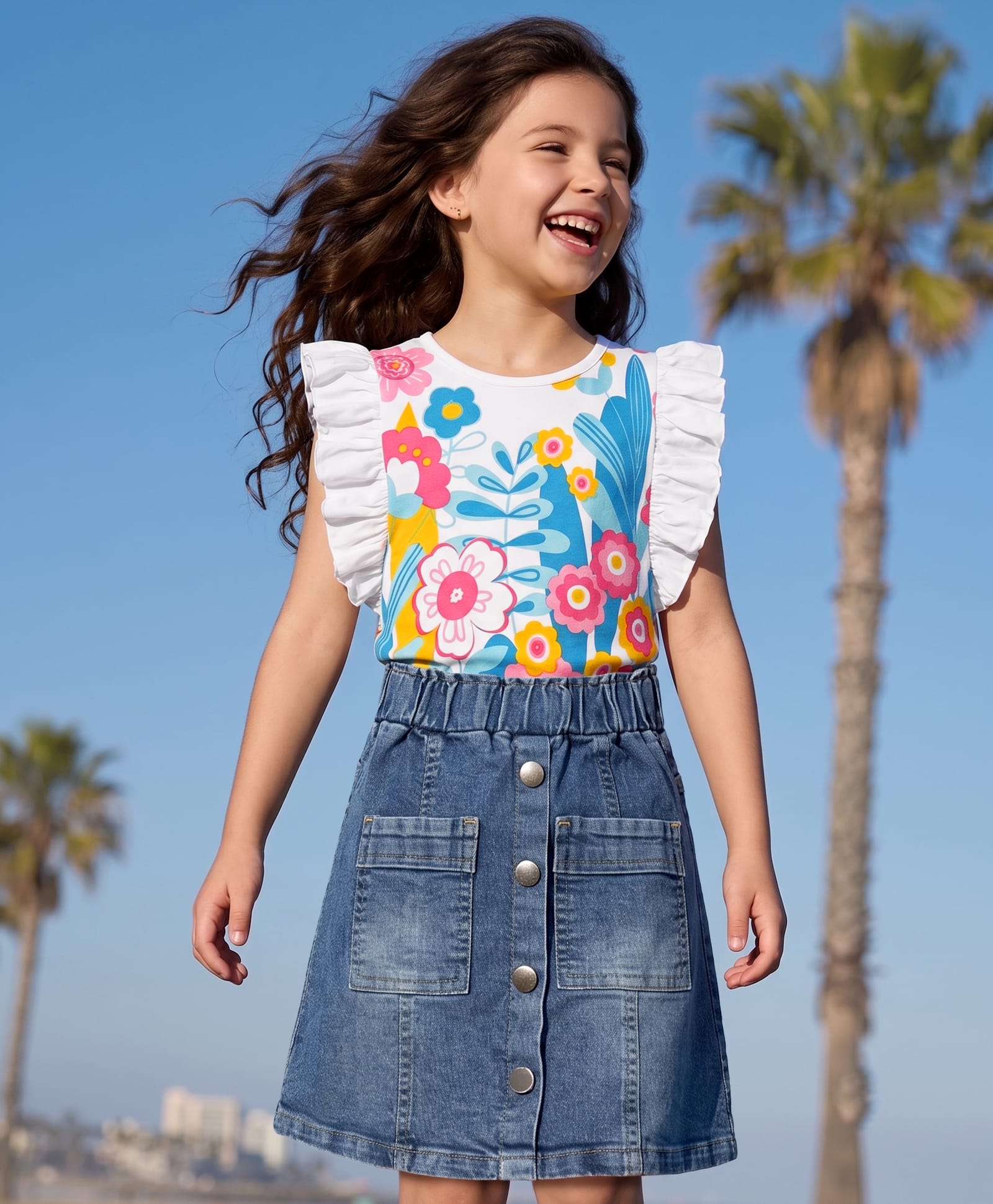 Ollington St. Set of Cotton Knit Half Sleeves Floral Printed Top With Frill Detail & Denim Skirt - White & Blue-image-2