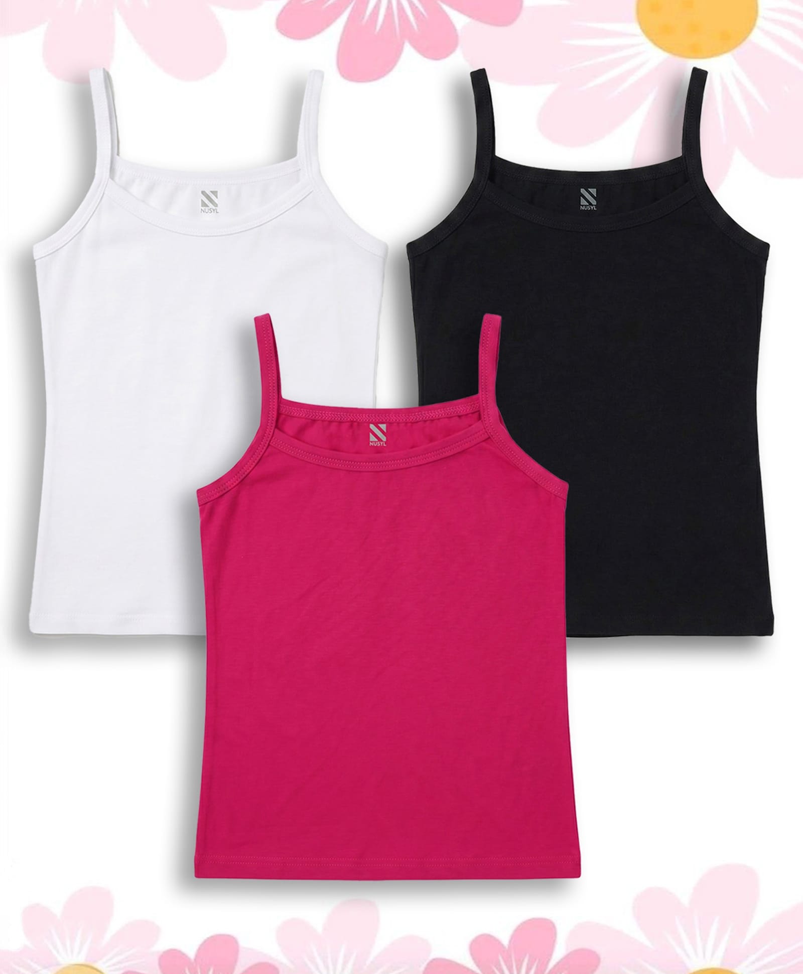 NUSYL Cotton Knit Pack Of 3 Sleeveless Solid Camisoles - White Black & Hot Pink-image-42