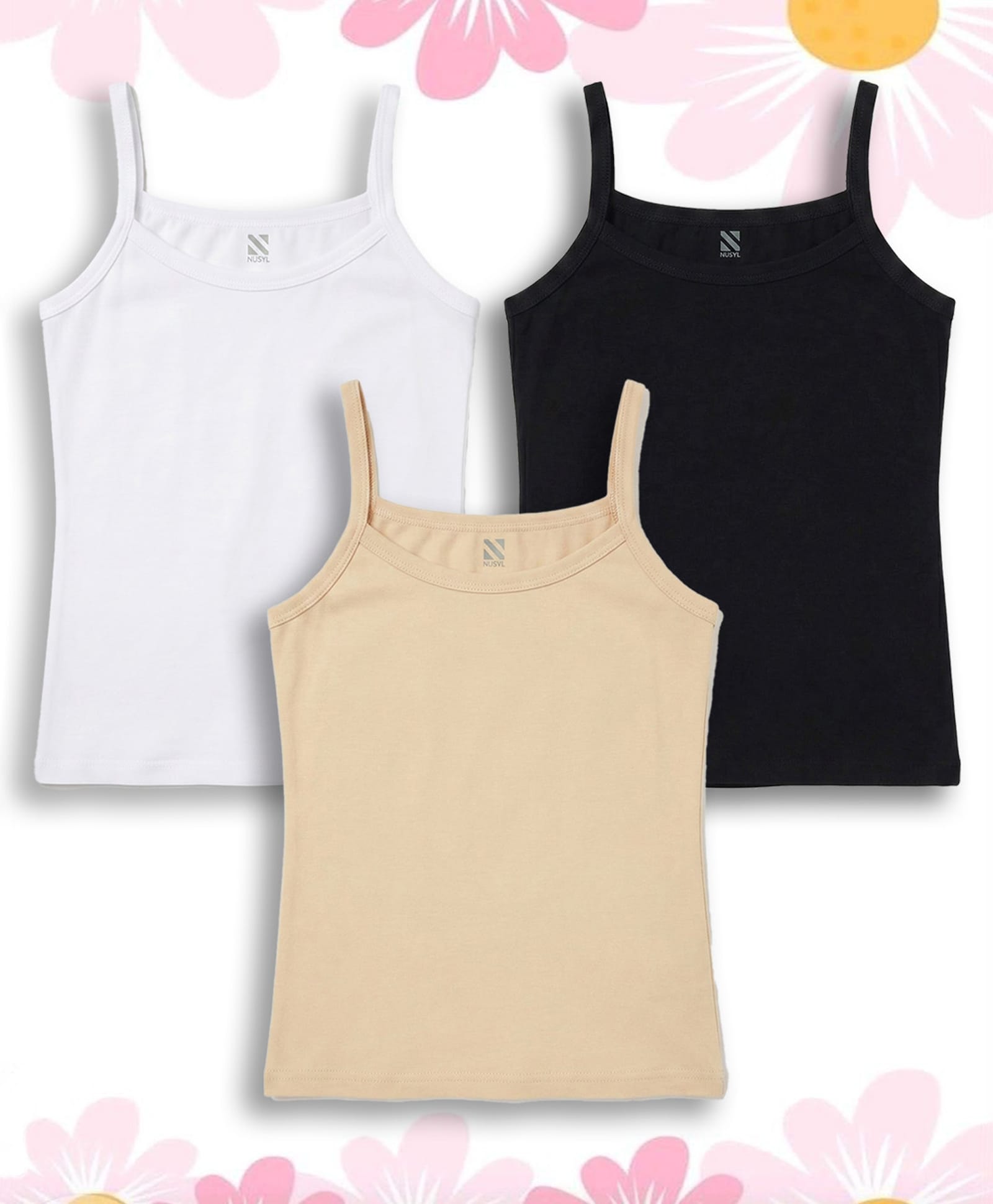 NUSYL Cotton Knit Pack Of 3 Sleeveless Solid Camisoles - White Black & Beige-picture-22