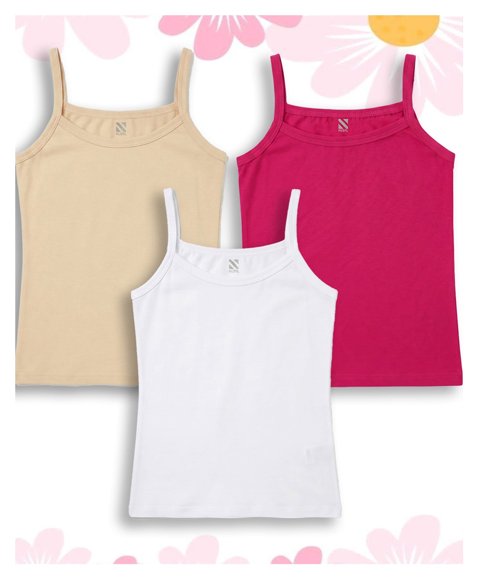 NUSYL Cotton Knit Pack Of 3 Sleeveless Solid Camisoles - White Beige & Hot Pink-image-31