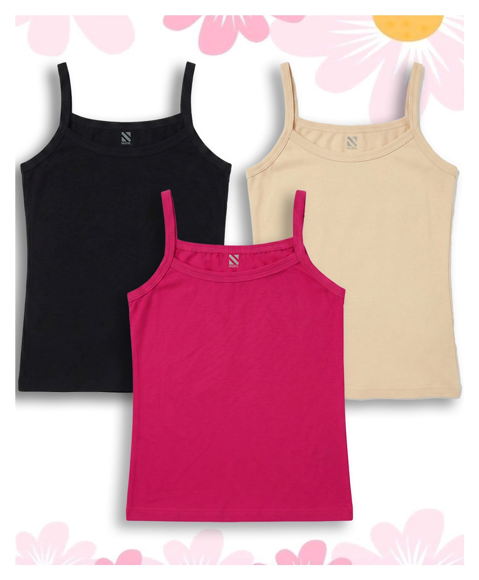 NUSYL Cotton Knit Pack Of 3 Sleeveless Solid Camisoles - Black Beige & Hot Pink-image-44