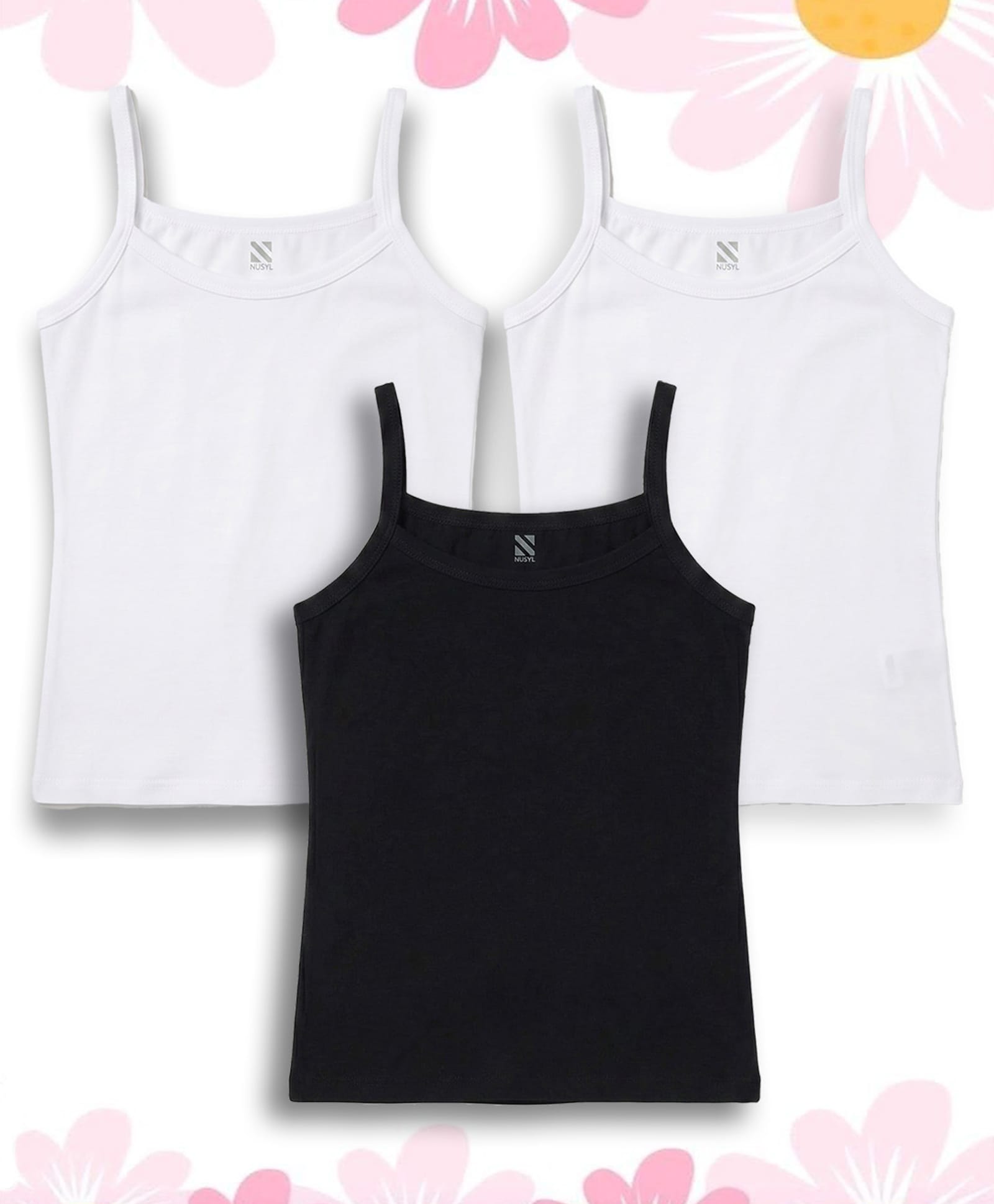 NUSYL Cotton Knit Pack Of 3 Sleeveless Solid Camisoles - White & Black-image-42