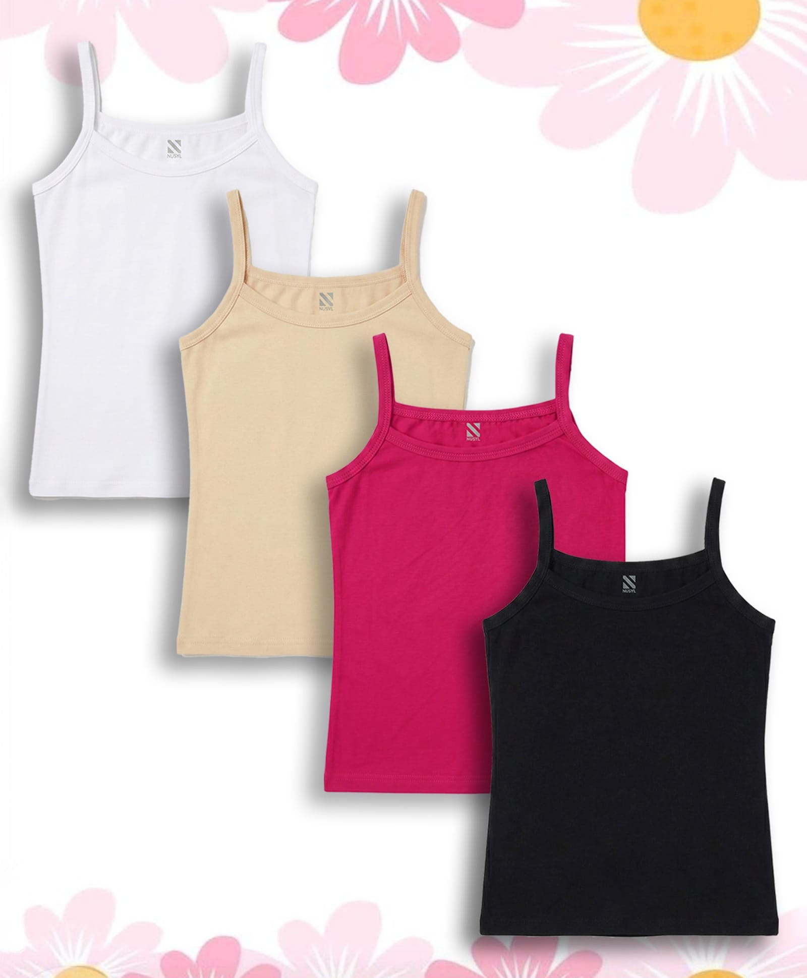 NUSYL Cotton Knit Pack Of 4 Sleeveless Solid Camisoles - White Black Beige & Hot Pink-image-47