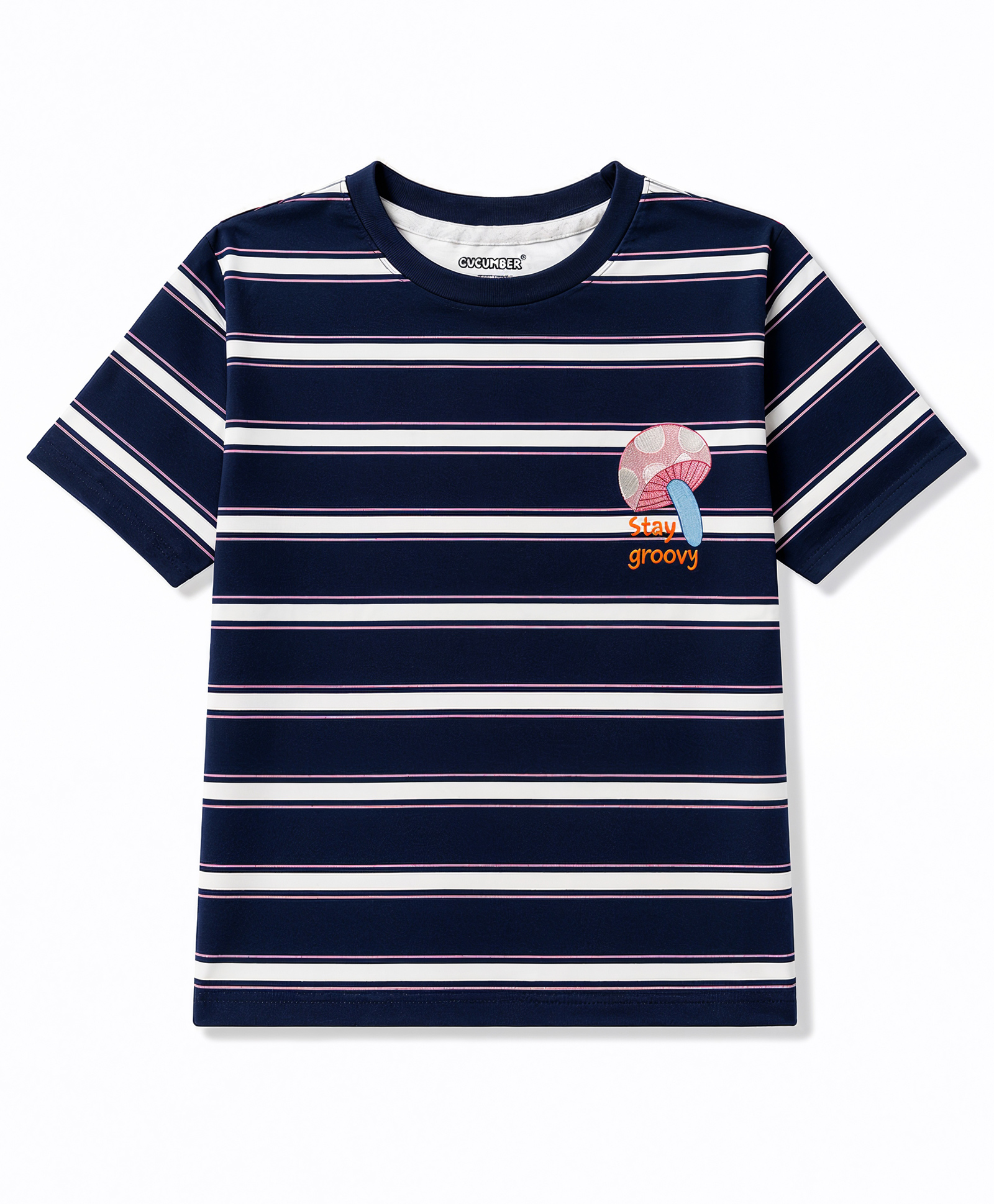 CUCUMBER Cotton Knit Half Sleeves Round Neck Striped T-Shirts with Embroidered- Navy-image-49