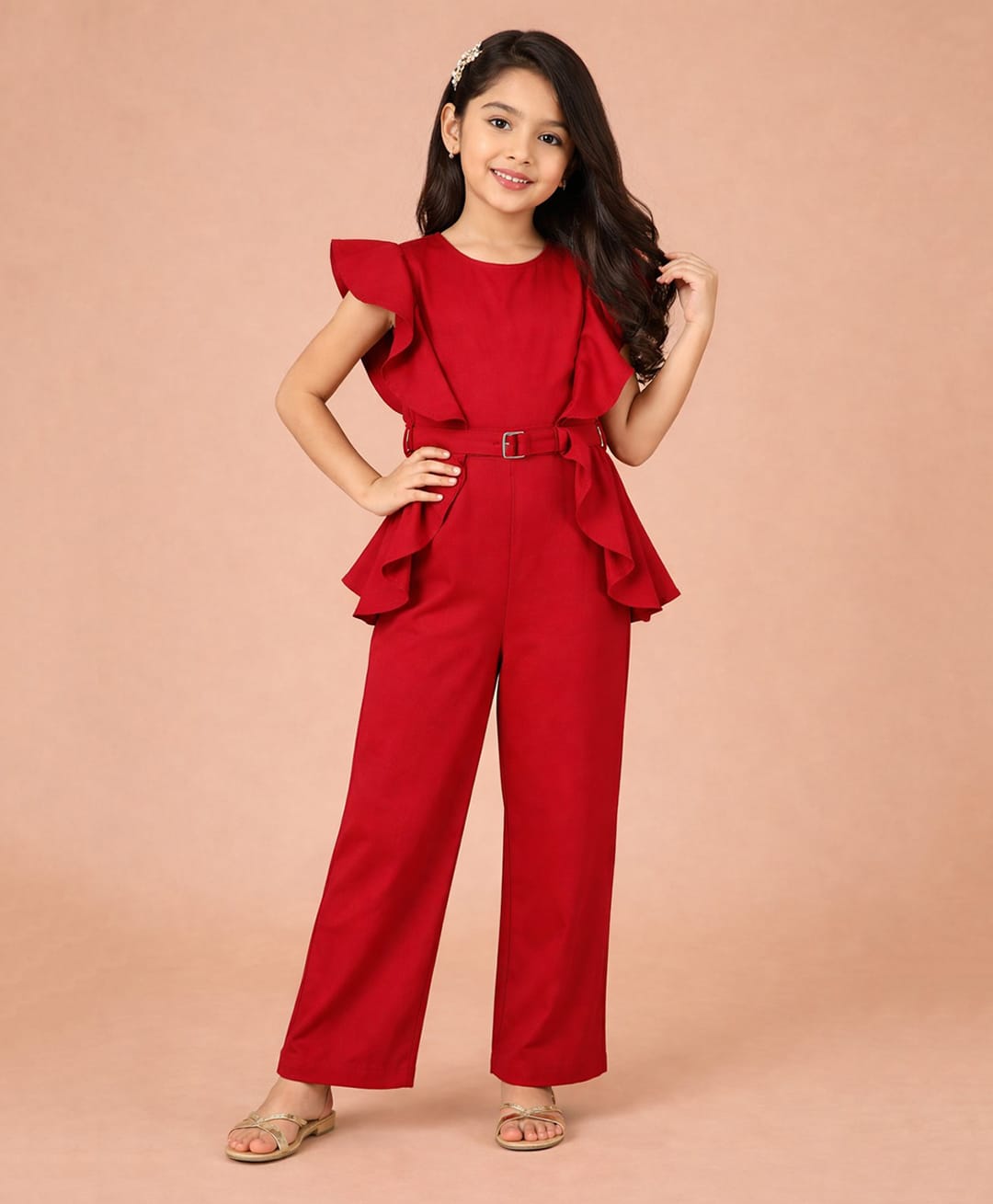 Piccolo Satin Woven Sleeveless Ruffle Detailed Jumpsuit - Red-picture-13