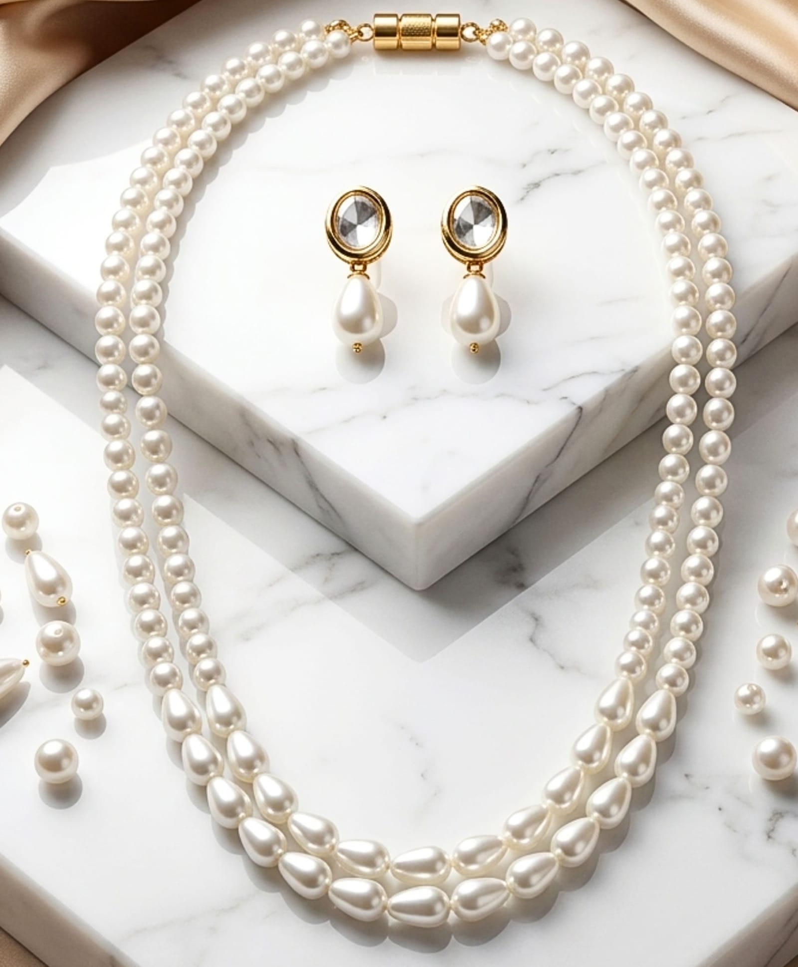 MANSIYAORANGE Double Layered Off-White Glass Pearl Mala Neckalce with Kundan Earrings Jewellery Set(Weight : 60 g-image-6