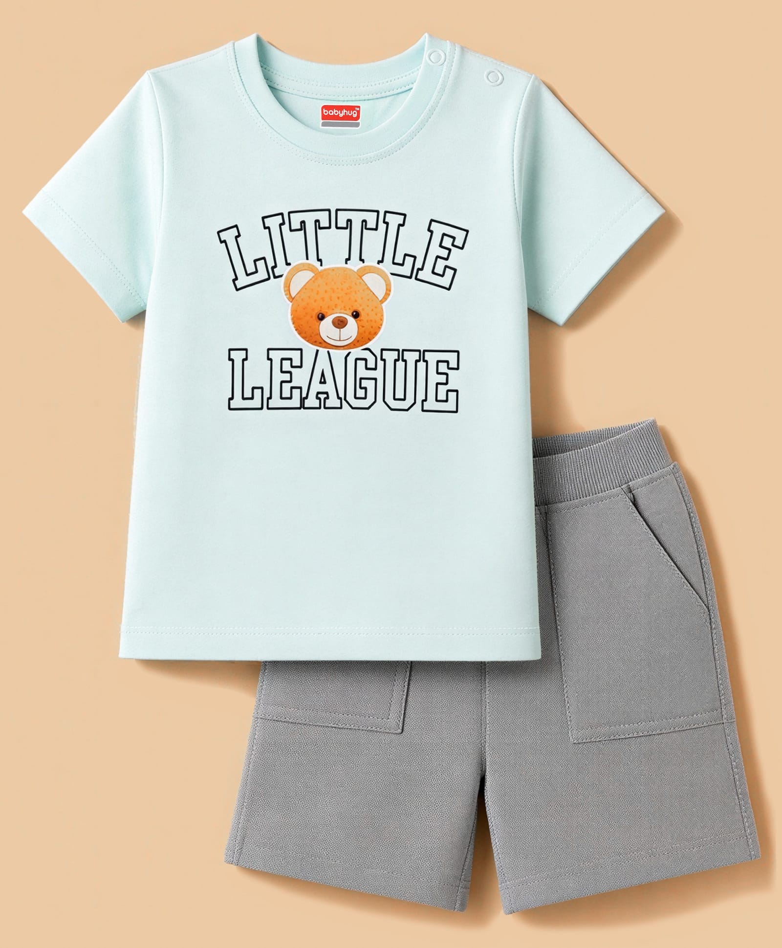Babyhug Single Jersey Knit Half Sleeves Bear Printed T-Shirt & Shorts Set - White & Grey-picture-20