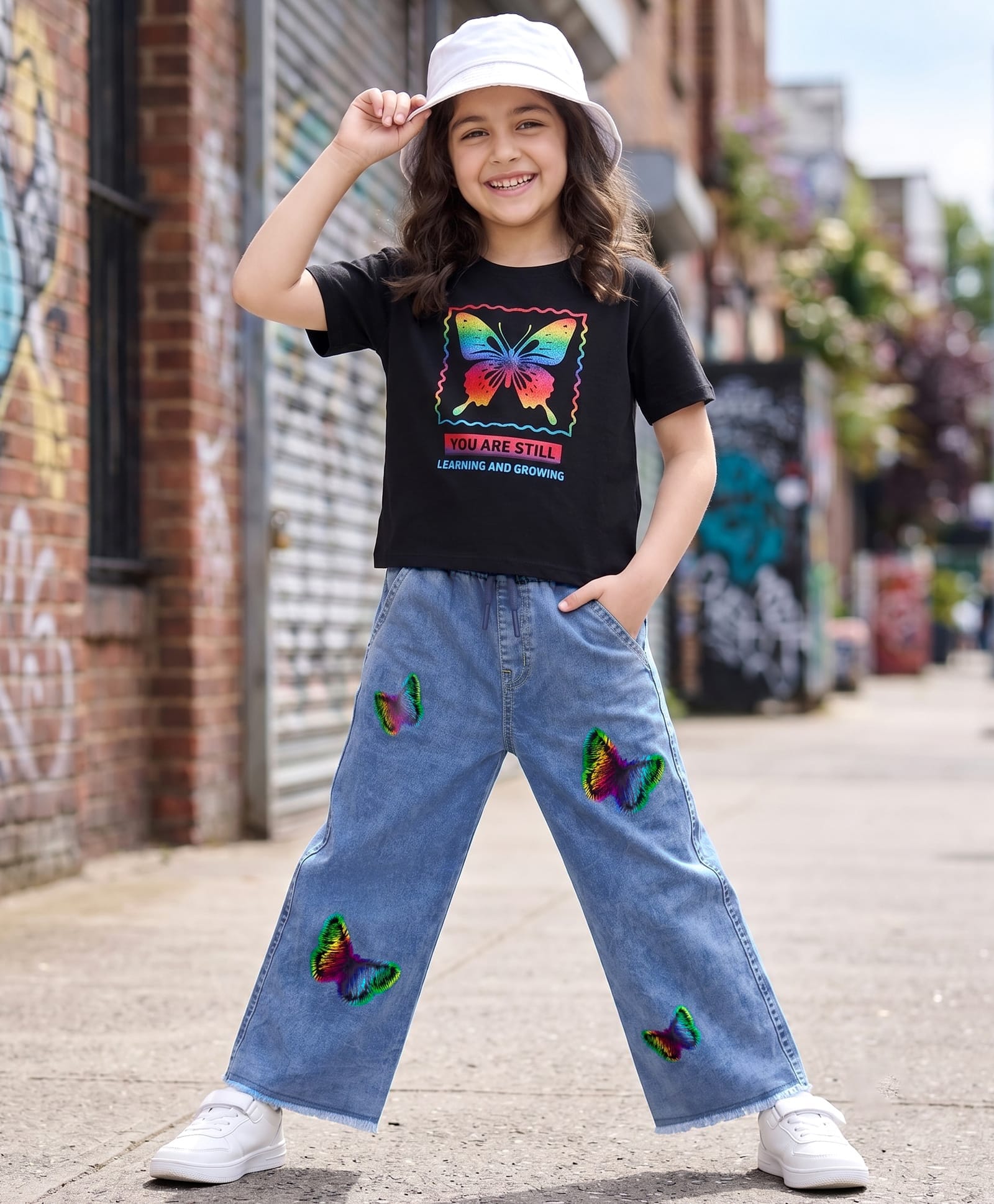 OLLINGTON ST. Sinker Knit Half Sleeves Butterfly Printed Top With Denim Culottes - Black & Indigo-image-49