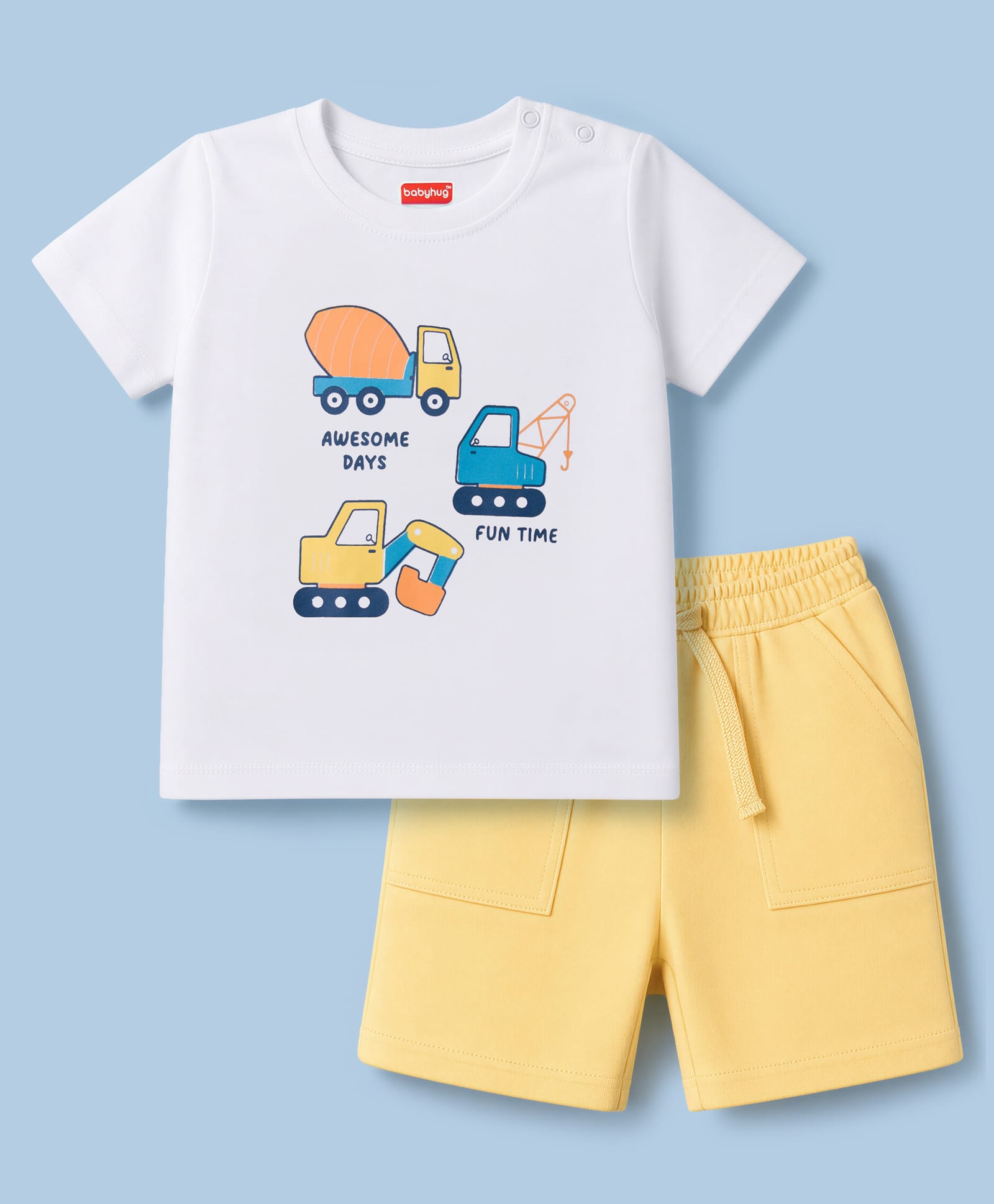 Babyhug Single Jersey Knit Half Sleeves JCB Printed T-Shirt & Shorts Set - White-picture-24