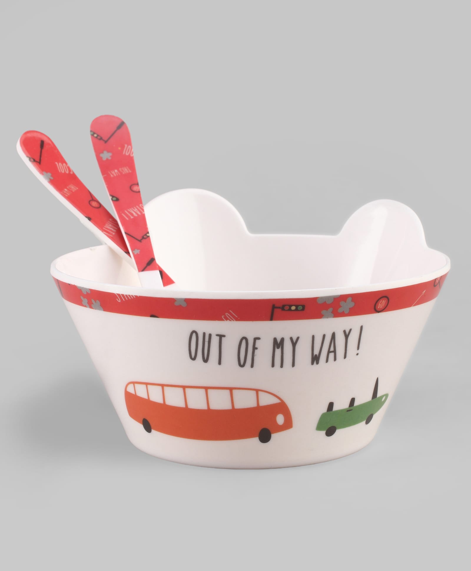 Serwell Drive Theme Printed Face Bowl With Fork & Spoon Set of 3 Red - 590 ml-image-44