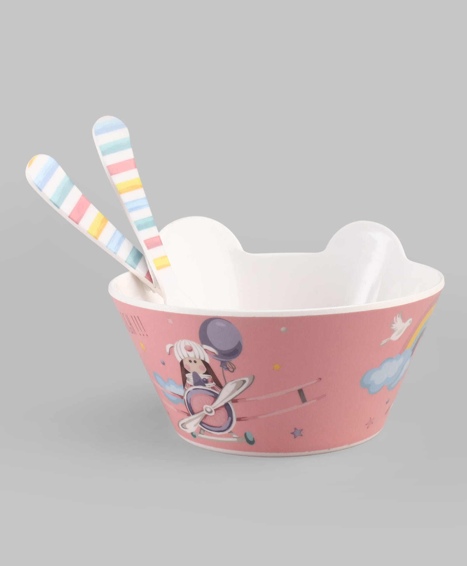 Serwell Drive Aeroplane Printed Face Bowl With Fork & Spoon Set of 3 Pink - 590 ml-image-43