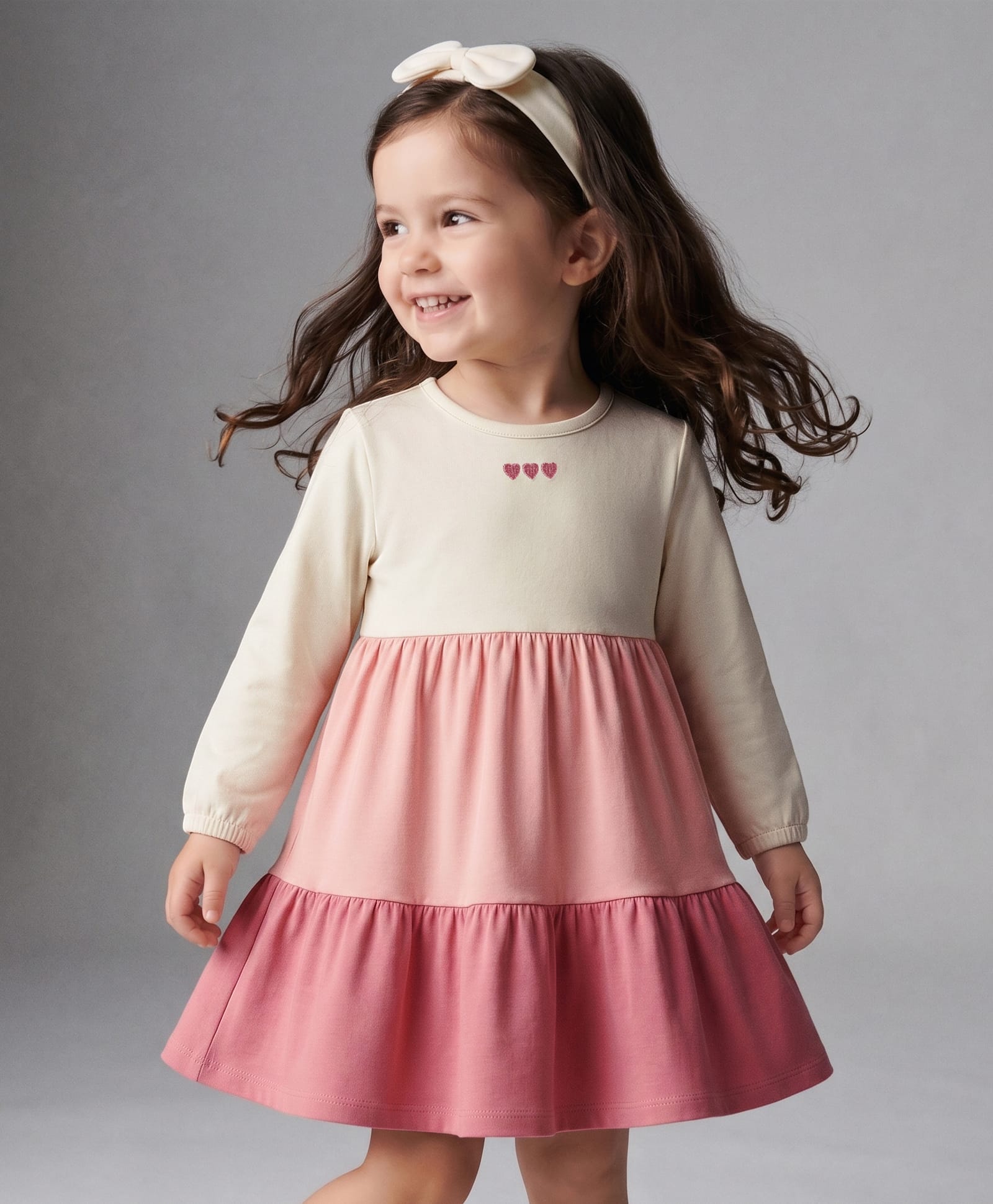 Bonfino 100% Cotton Knit Full Sleeves Heart Embroidered Dress With Head Band - White-picture-32