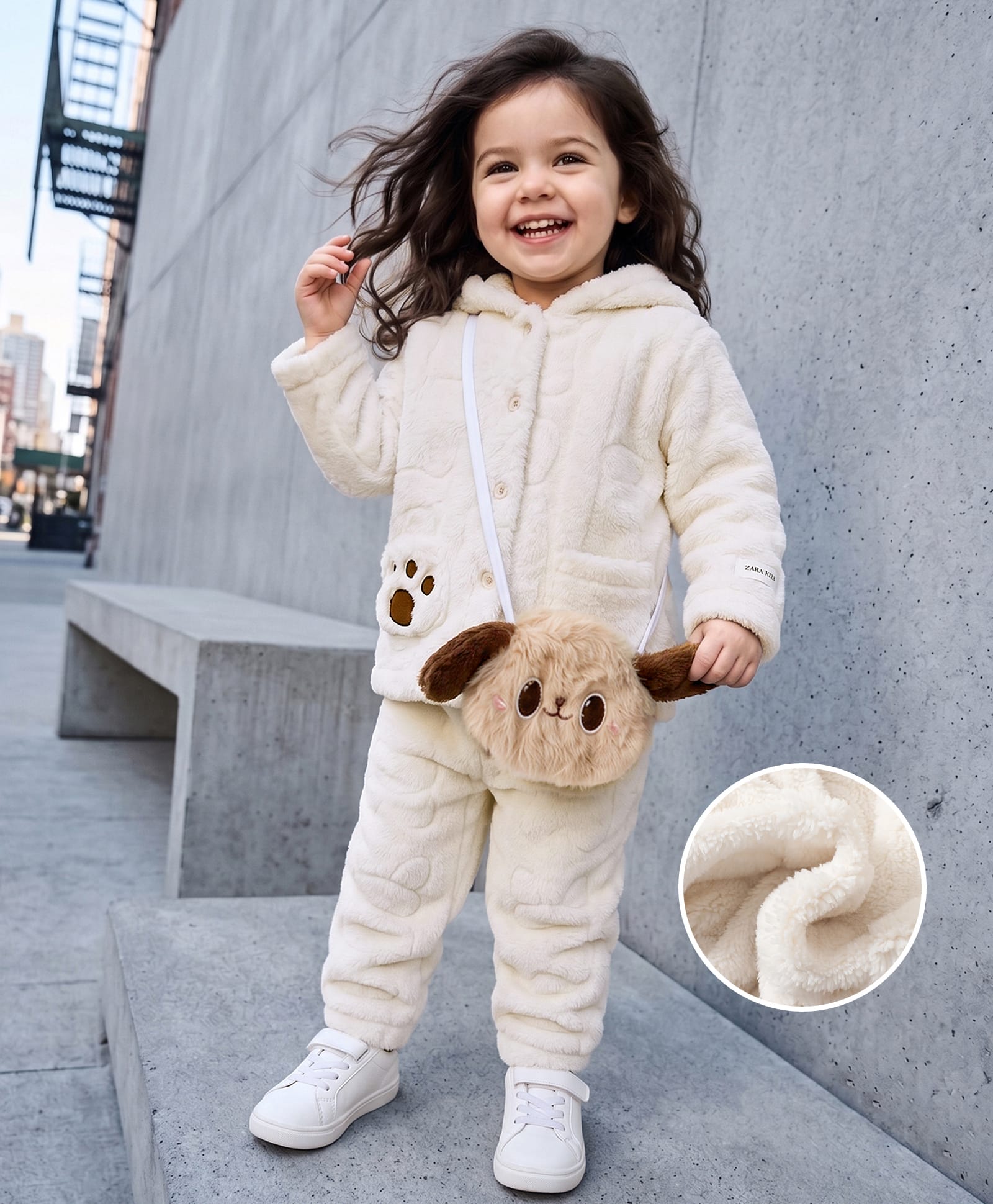 Mark & Mia Full Sleeves Hooded Shirt & Pyjama Winter wear Nightsuit with Haw Applique & Sling Bag - White-image-19