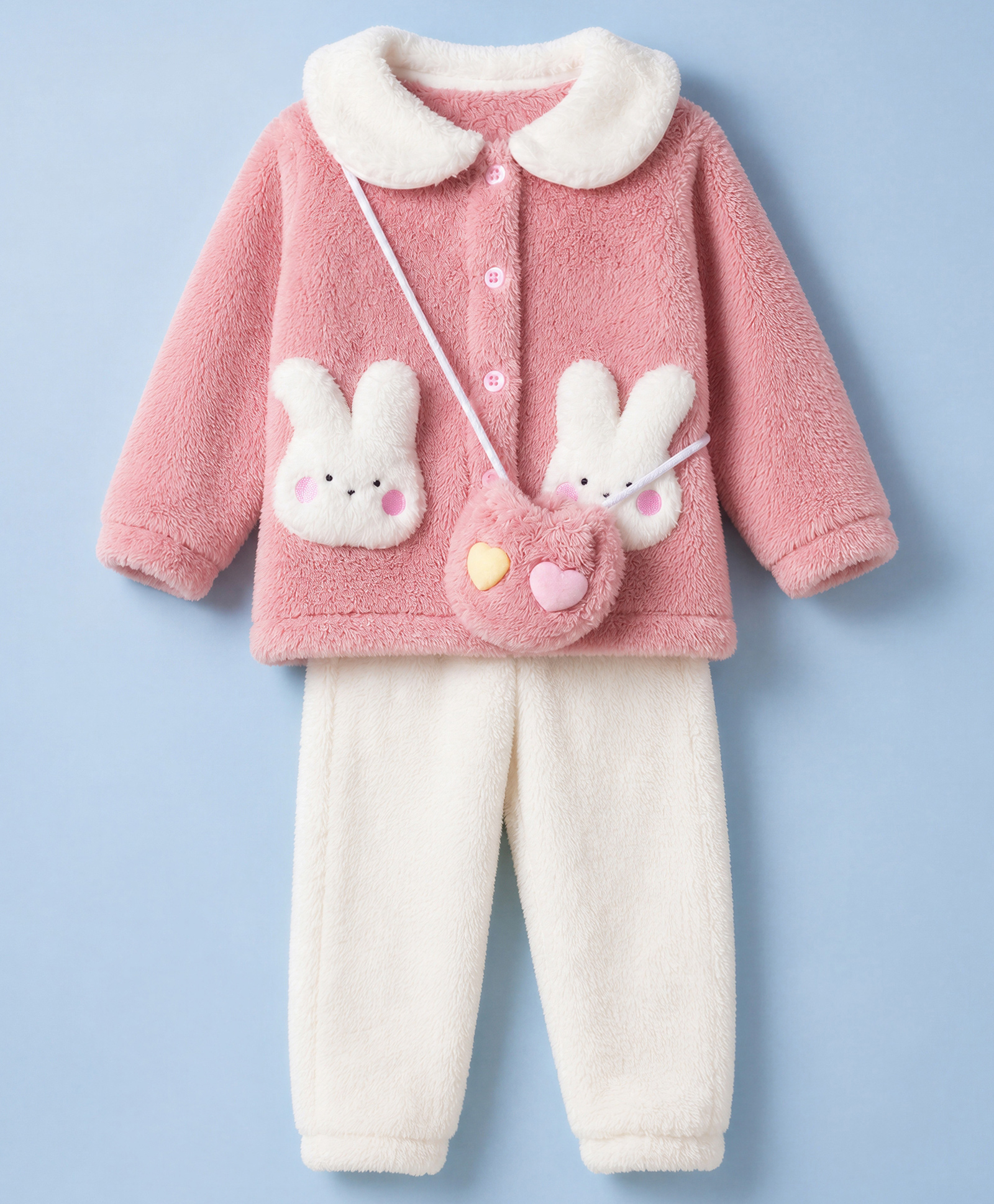 Mark & Mia Full Sleeves Shirt & Pyjama Winter Wear Night Suit with Bunny Applique & Sling Bag - Pink-image-12