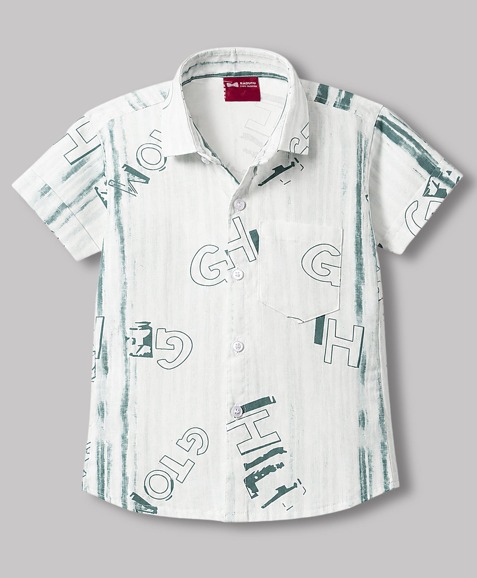Radutu Cotton Woven Half Sleeves Text Printed Shirt - White & Green-picture-37