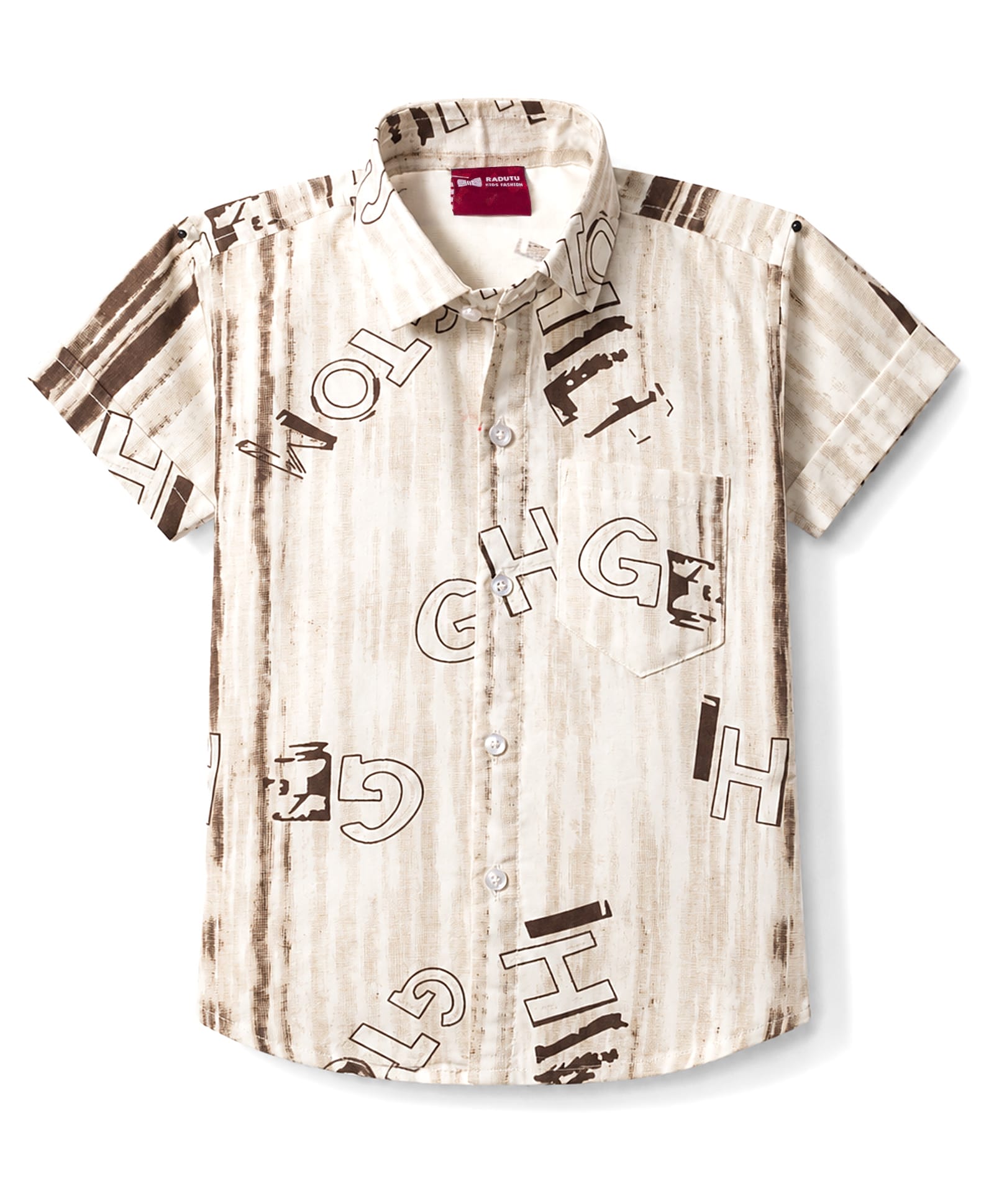 Radutu Cotton Woven Half Sleeves Text Printed Shirt - White & Brown-picture-41