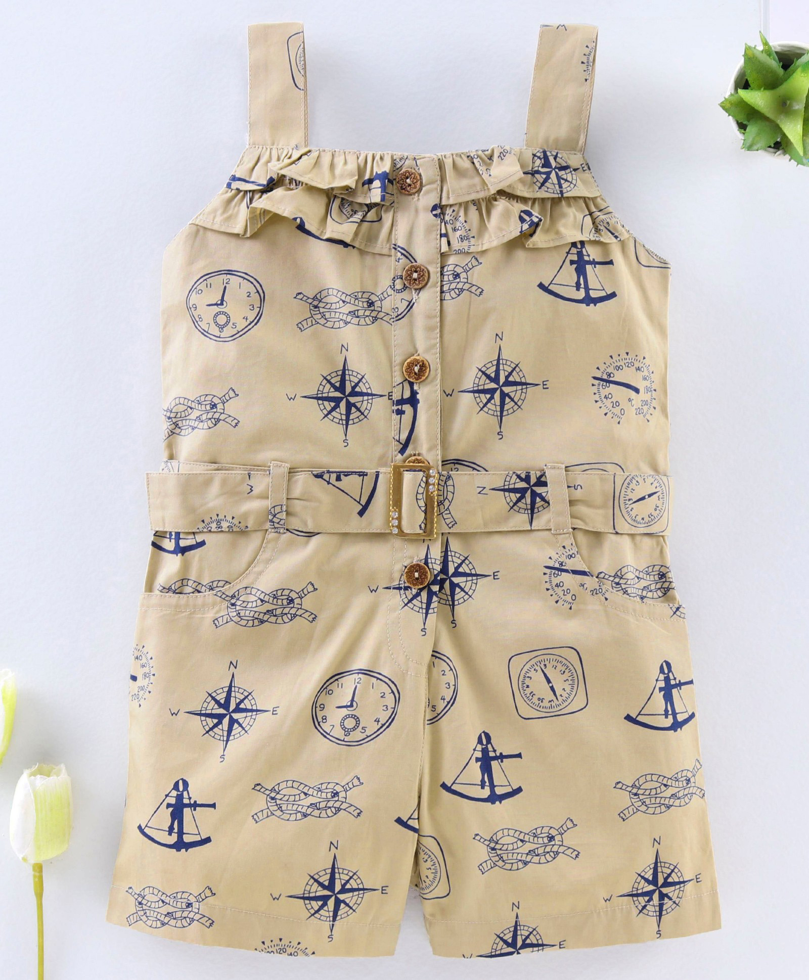 Enfance Core Cotton Woven Sleeveless Sea Accessories Printed Jumpsuit With Belt - Tan-picture-25