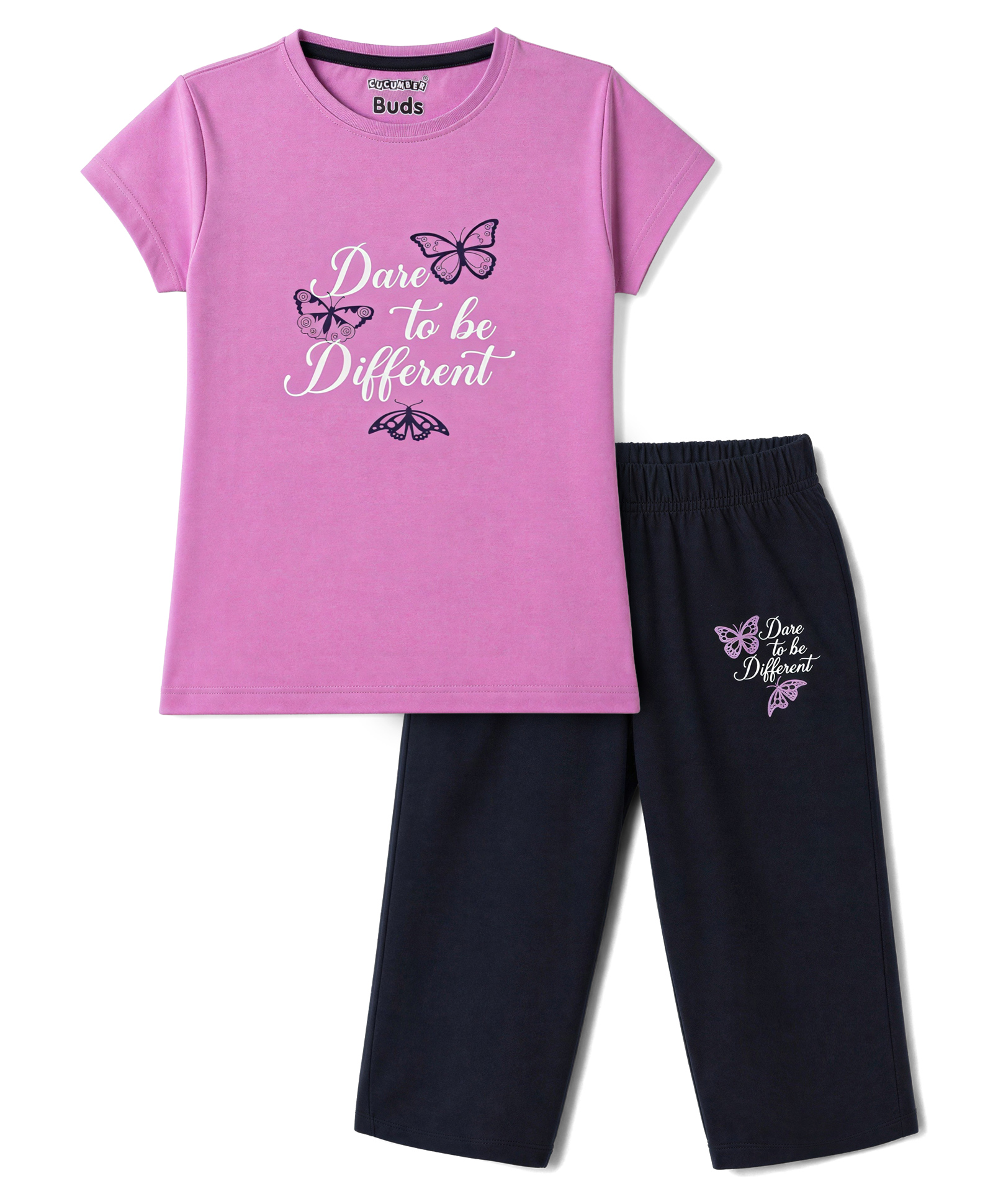 CUCUMBER Sinker Knit Half Sleeves Butterfly & Text Printed T-Shirt & Capri Set - Pink-image-25