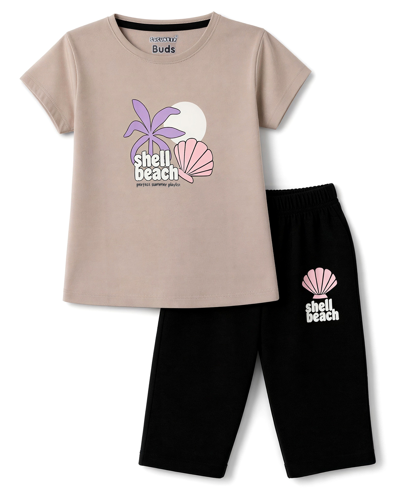 CUCUMBER Sinker Knit Half Sleeves T-Shirt & Capri Set With Beach Theme - Ivory-image-31