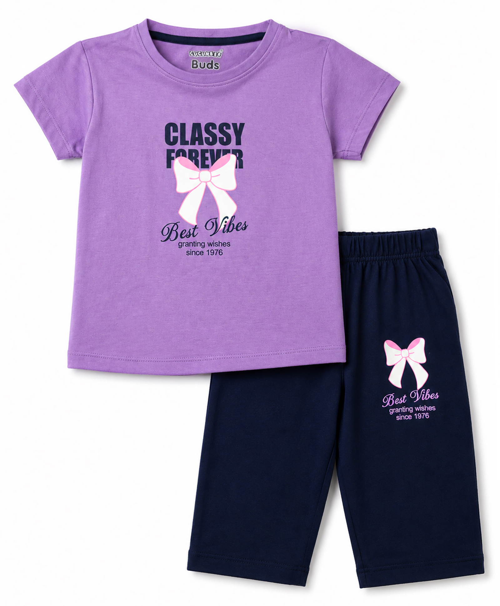 CUCUMBER Sinker Knit Half Sleeves T-Shirt & Capri Set with Text & Bow Print - Purple-picture-18