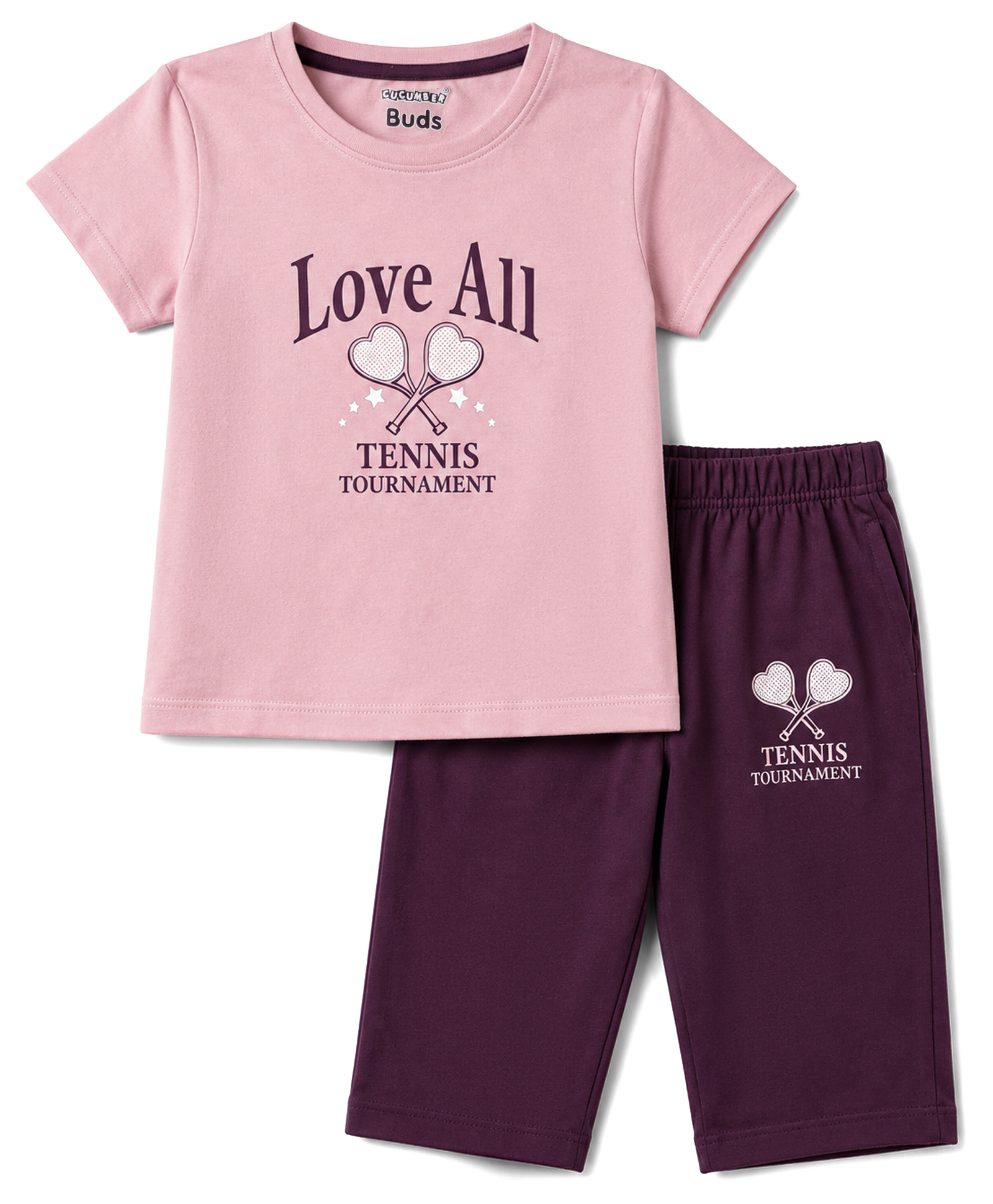 CUCUMBER Sinker Knit Half Sleeves T-Shirt & Capri Set with Text & Tennis Print - Light Pink-picture-17