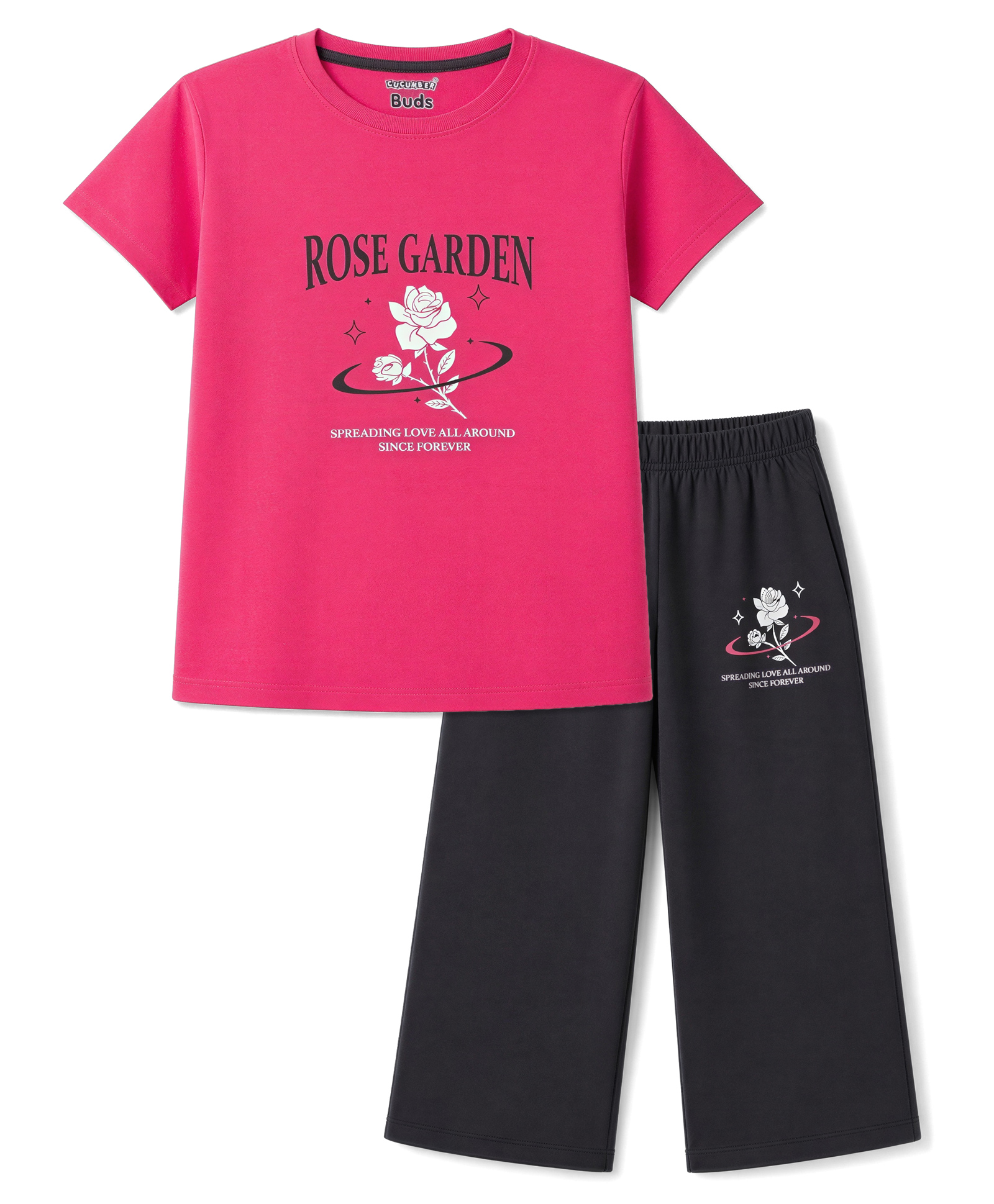 CUCUMBER Sinker Knit Half Sleeves T-Shirt & Capri Set with Text & Rose Print - Dark Pink-image-3