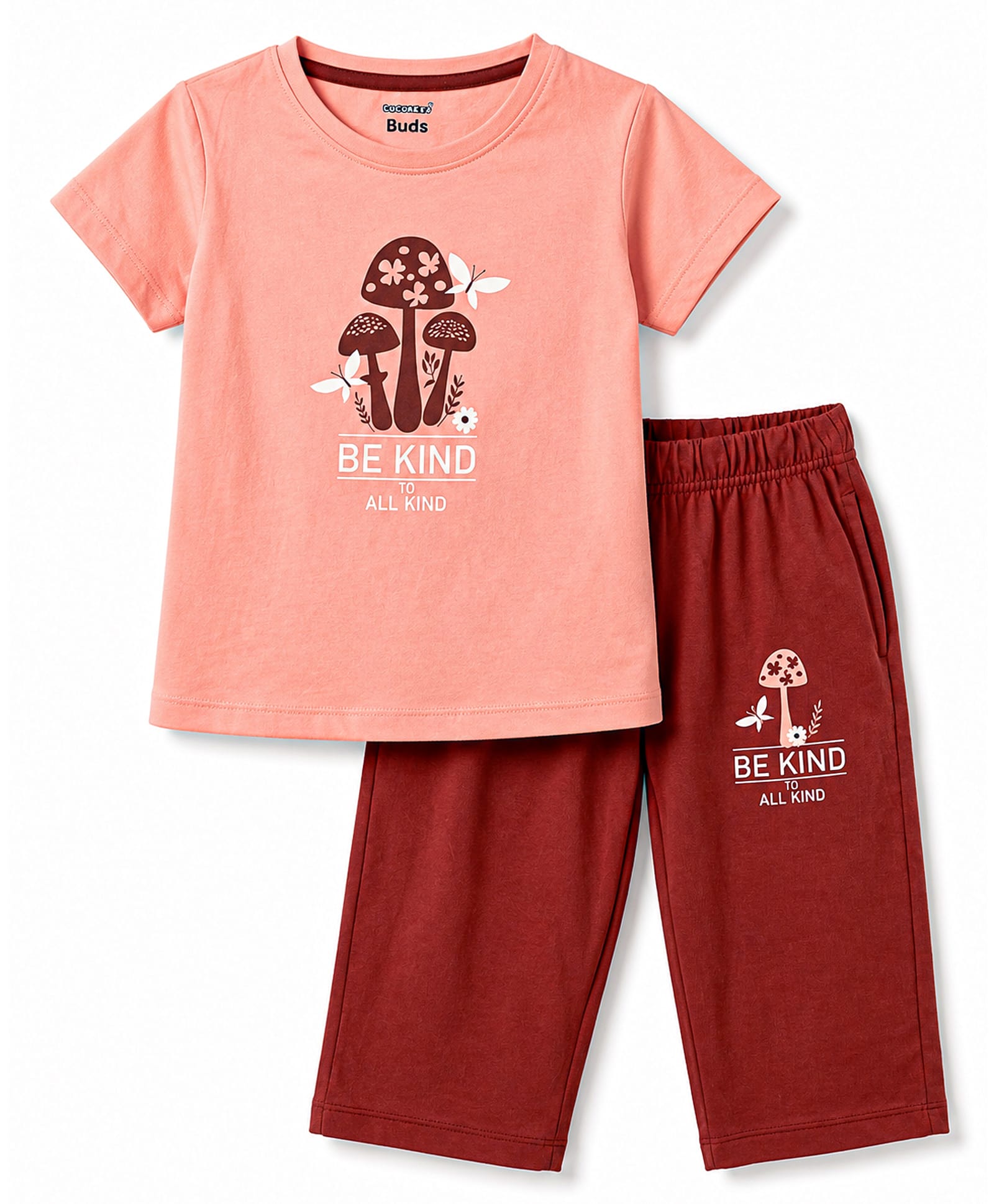 CUCUMBER Sinker Knit Half Sleeves T-Shirt & Capri Set with Butterfly & Floral Print - Peach-picture-18
