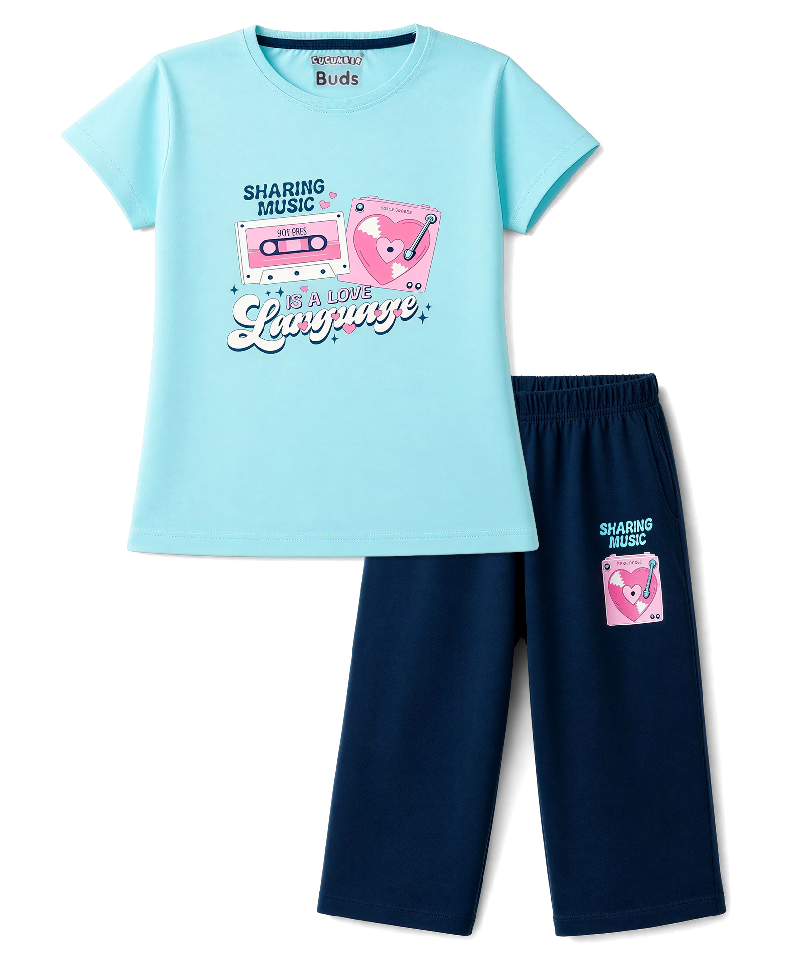 CUCUMBER Sinker Knit Half Sleeves Text Printed T-Shirt & Capri Set - Aqua & Navy Blue-image-16