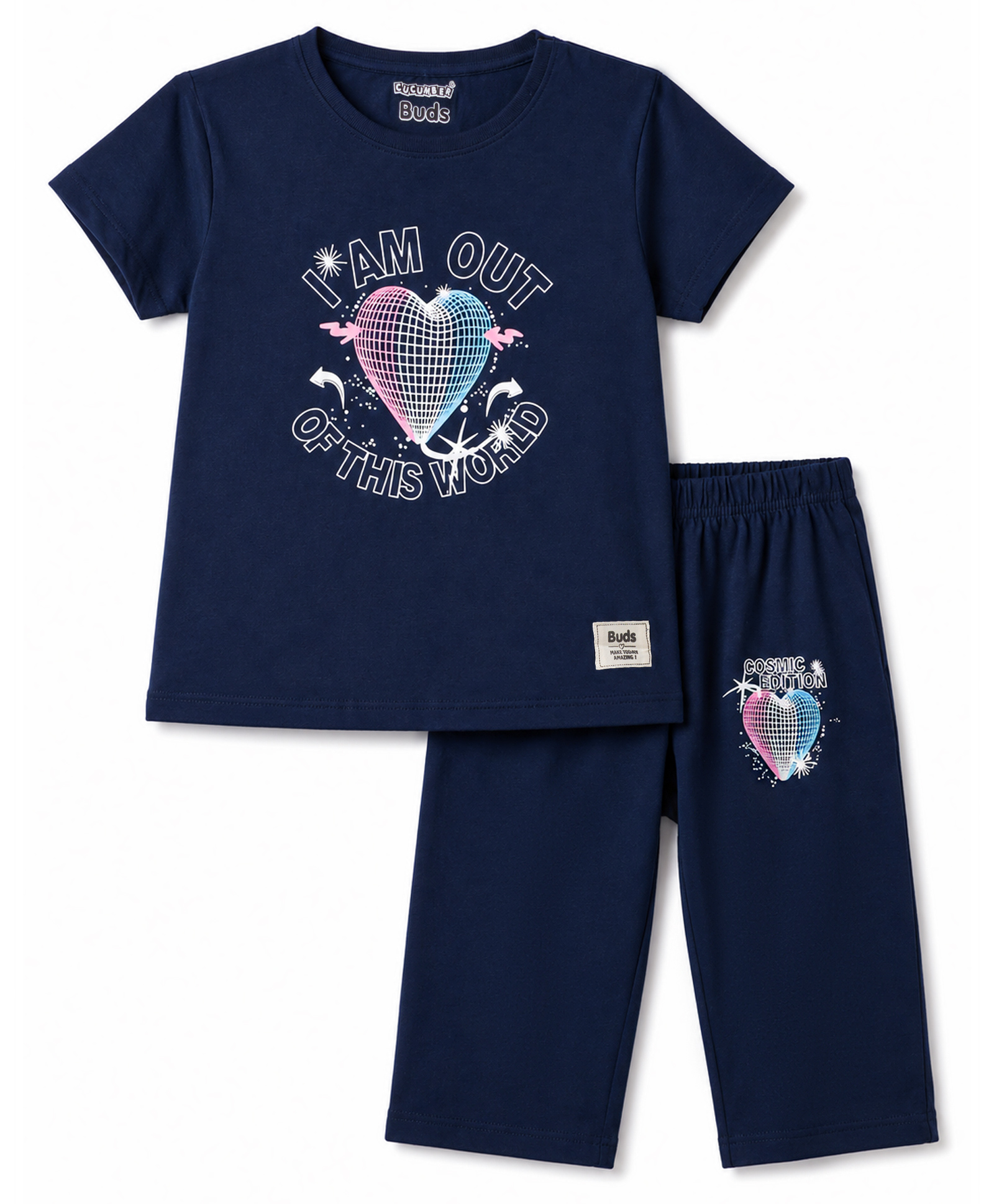 CUCUMBER Sinker Knit Half Sleeves T-Shirt & Capri Set with Hearts Print - Navy-picture-13