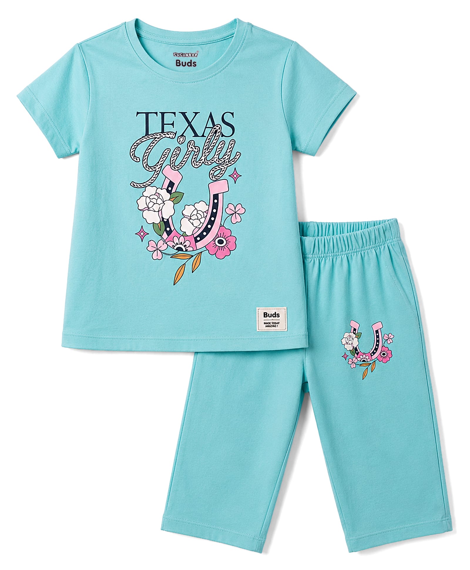 CUCUMBER Sinker Knit Half Sleeves T-Shirt & Capri Set with Floral Print - Sky Blue-image-16