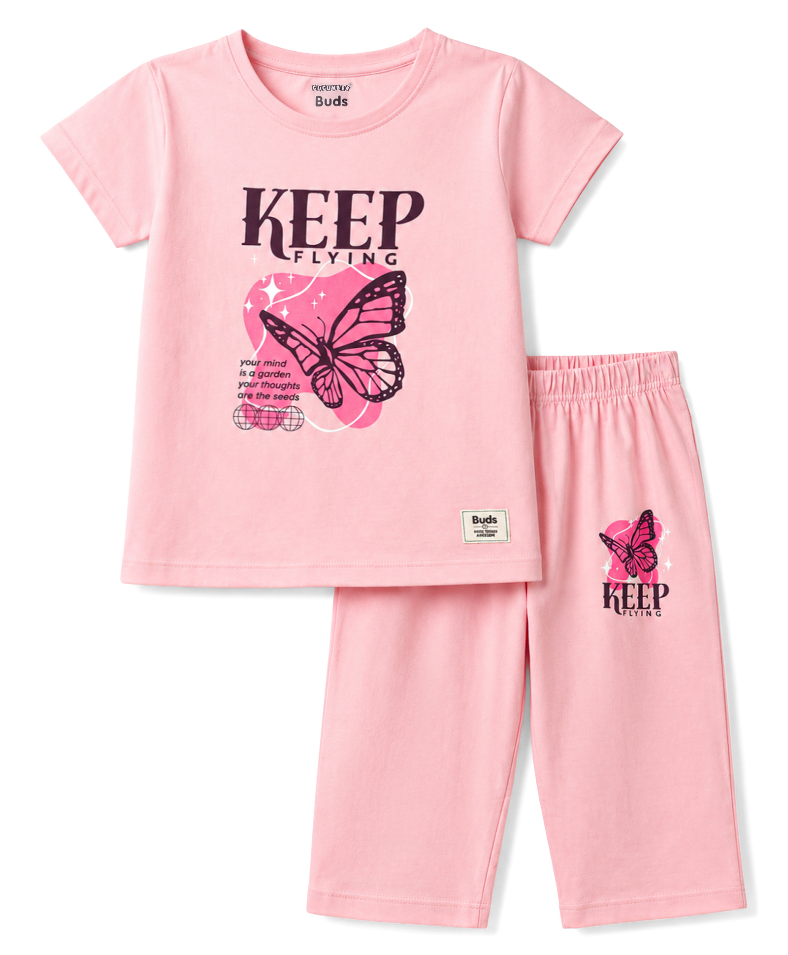 CUCUMBER Sinker Knit Half Sleeves T-Shirt & Capri Set with Butterfly Print - Light Pink-image-39