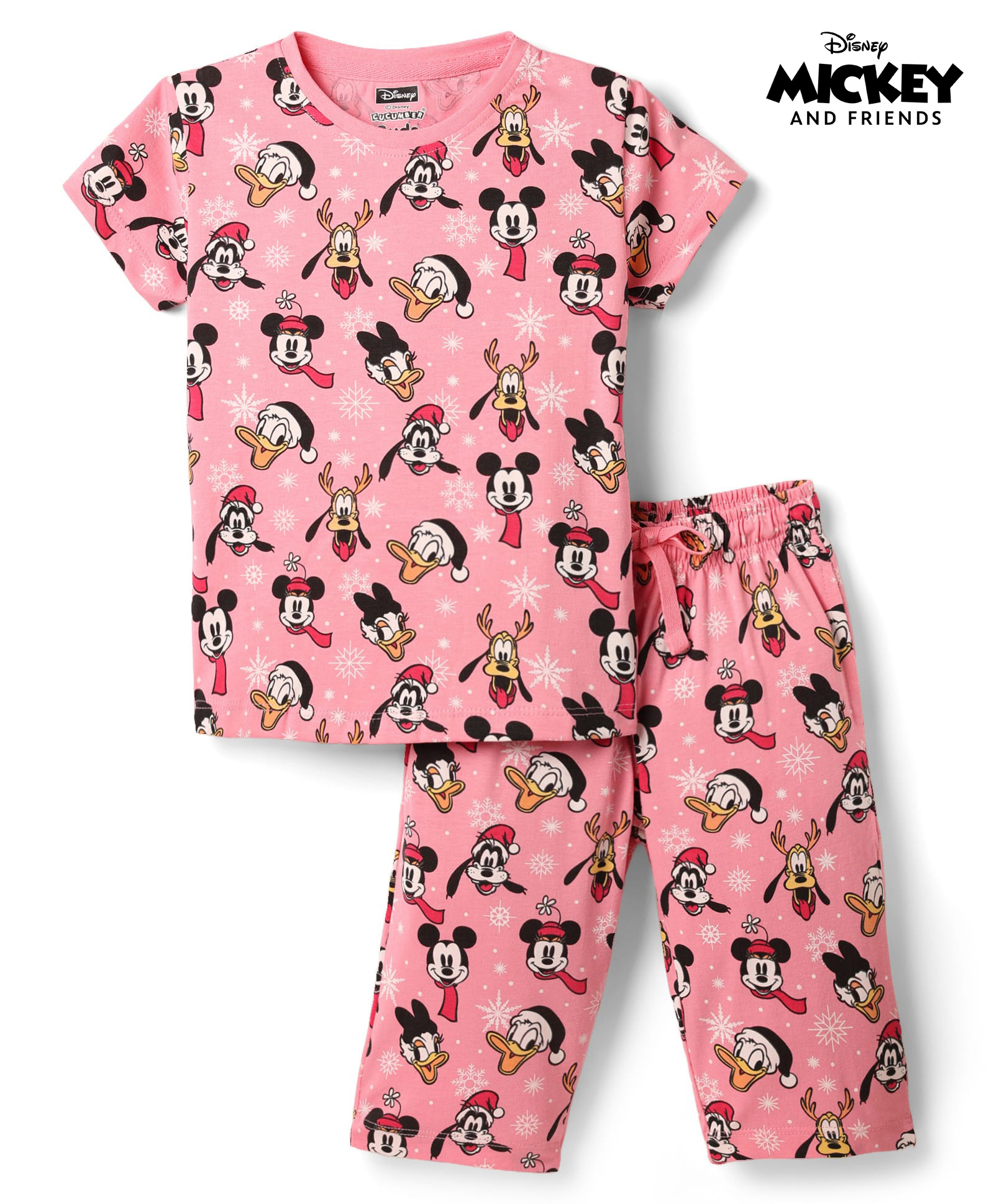 CUCUMBER Sinker Knit Half Sleeves Co-Ords T-Shirt & Capri Set with Mickey Mouse & Friends Print -Pink-picture-15