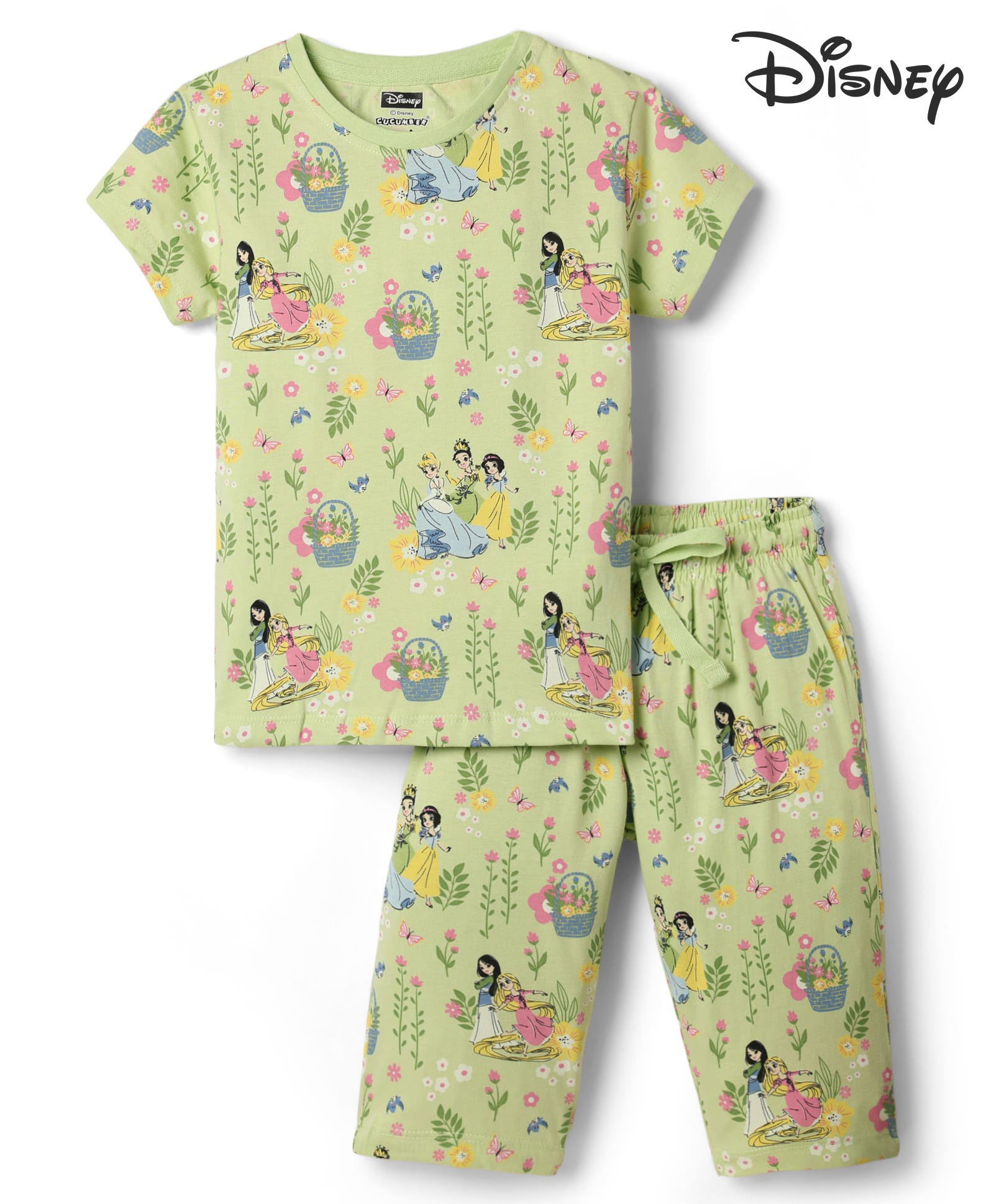 CUCUMBER Sinker Knit Half Sleeves Co-Ords T-Shirt & Capri Set with Disney Princess Print - Light Green-image-44