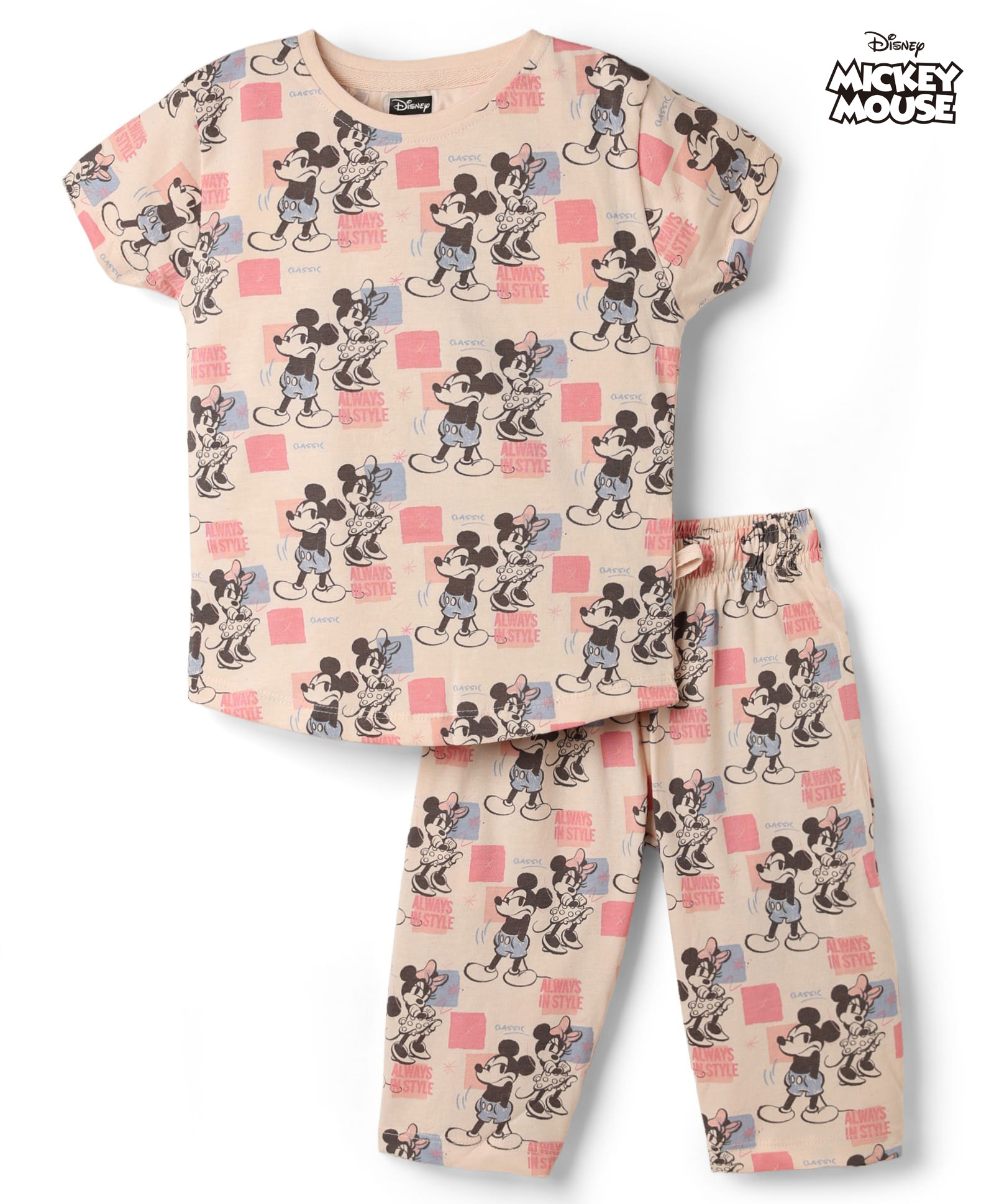 CUCUMBER Sinker Knit Half Sleeves Co-Ords T-Shirt & Capri Set with Mickey Mouse & Minnie Mouse Print - Peach-picture-5