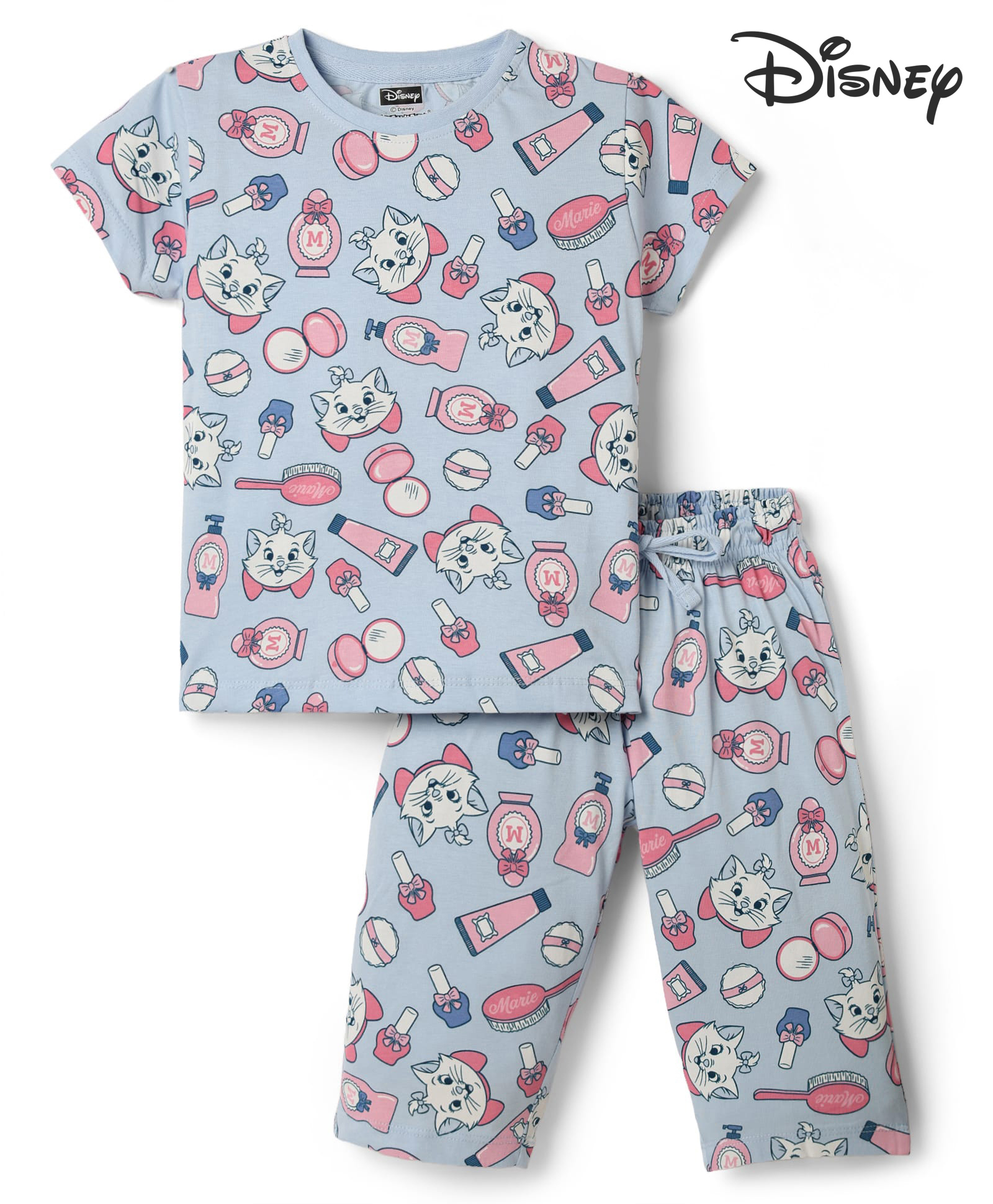 CUCUMBER Sinker Knit Half Sleeves Co-Ords T-Shirt & Capri Set with Marie Print - Sky Blue-picture-18
