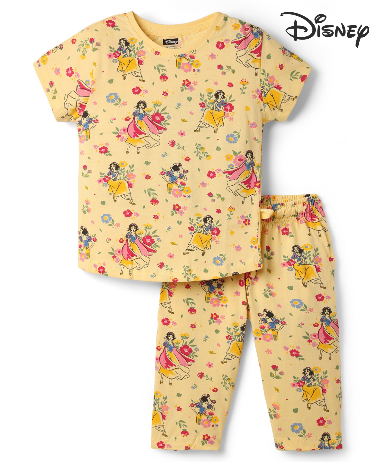 CUCUMBER Sinker Knit Half Sleeves Co-Ords T-Shirt & Capri Set with Snow White Print - Yellow-picture-18
