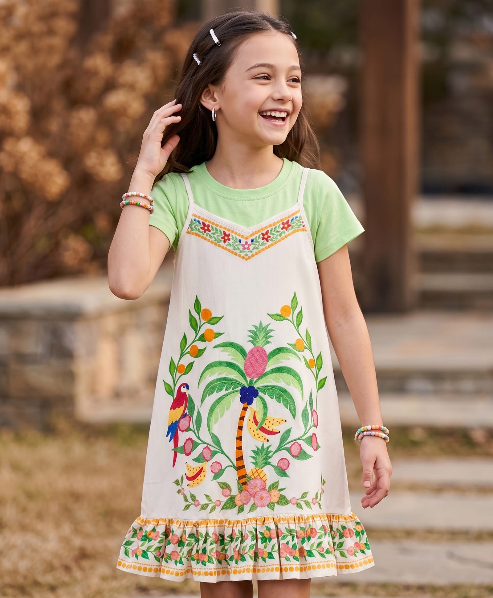Arias by Lara Dutta Cotton Woven Knit Half Sleeves Tropical Printed Frock With T-Shirt - White-picture-29