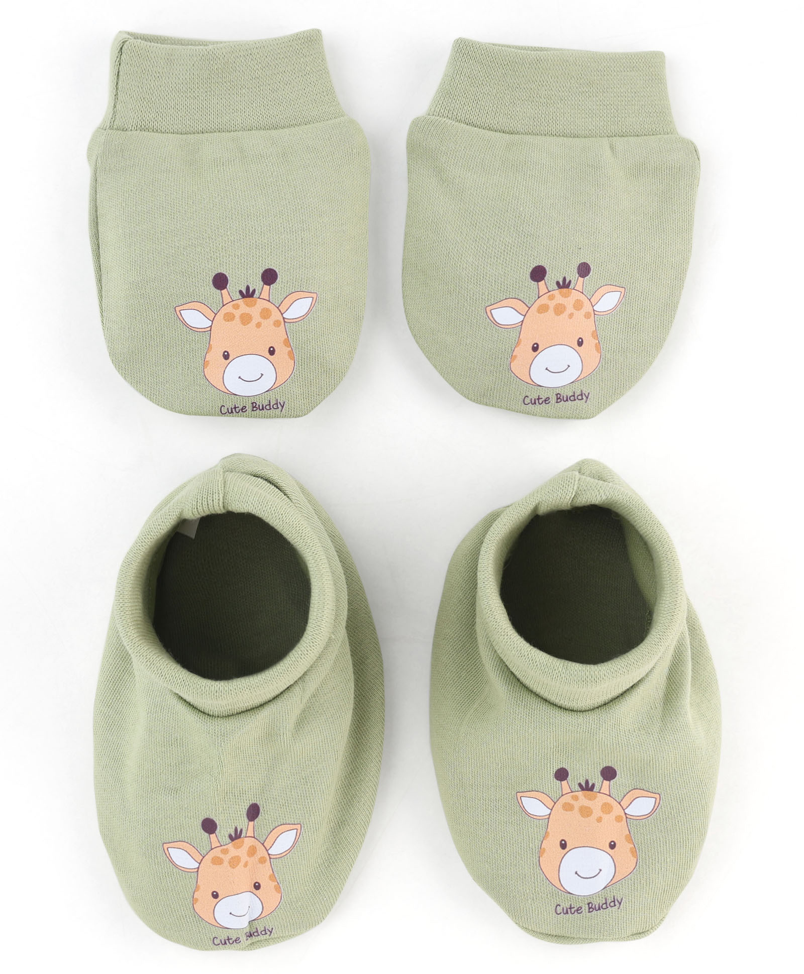 Babyoye 100% Cotton Interlock Knit Mittens and Booties with Giraffe Design - Olive Green-picture-0