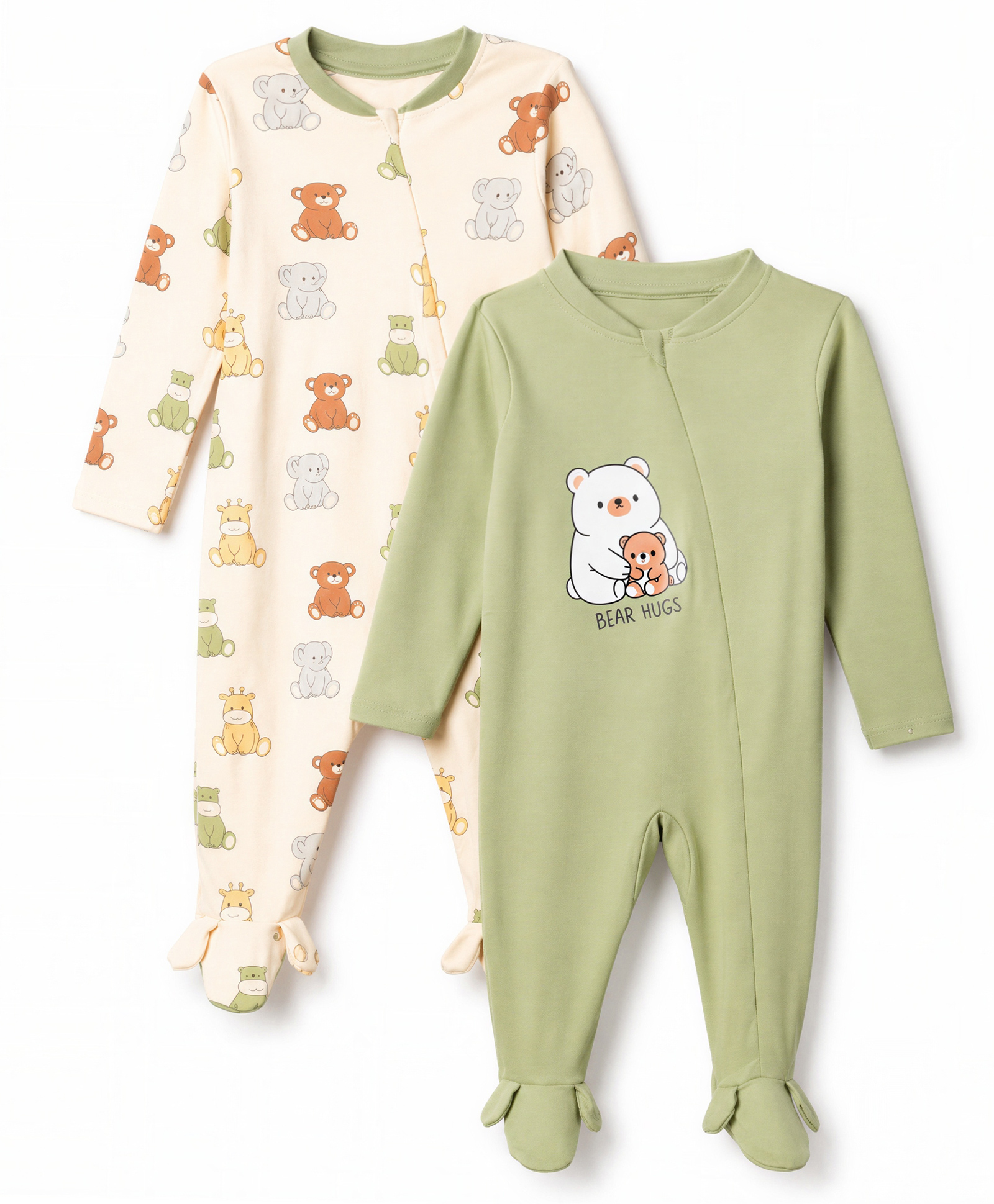 Babyoye 100% Cotton Interlock Knit with Ecojiva Finish & Animal Printed Full Sleeves Sleep Suits Pack of 2 - Off White & Olive Green-image-40