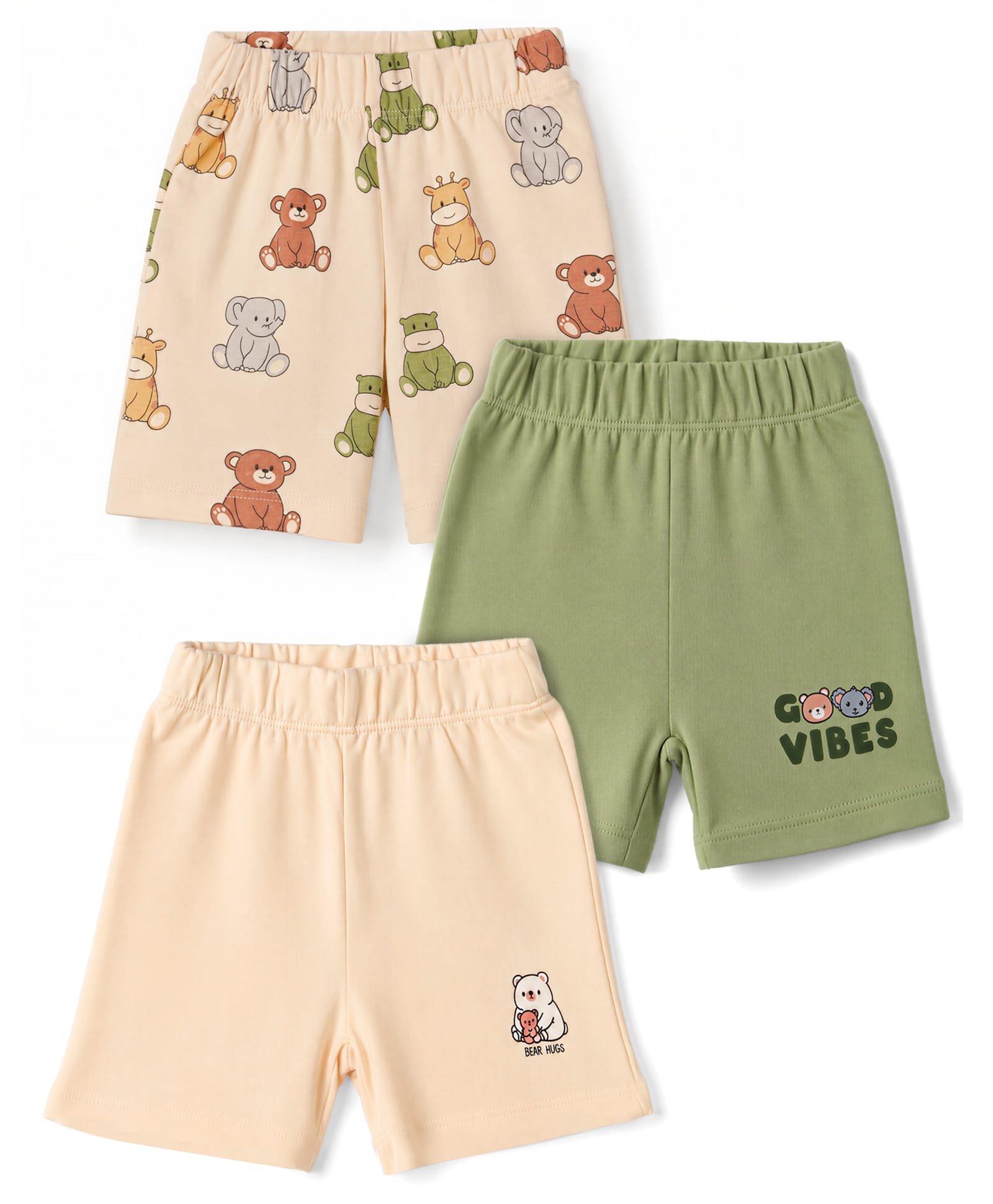 Babyoye 100% Cotton Interlock Knit Bear Printed Shorts with Ecojiva Finish Pack of 3 - Cream & Green-picture-12