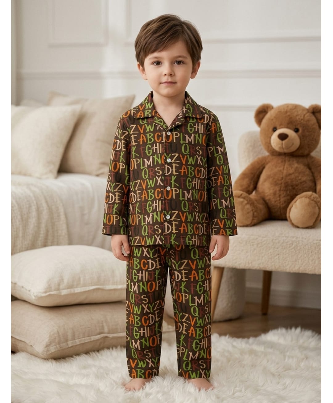 Rikidoos Cotton Woven Full Sleeve Shirt & Pyjama Night Suit With Alphabets Print -Dark Brown-image-21