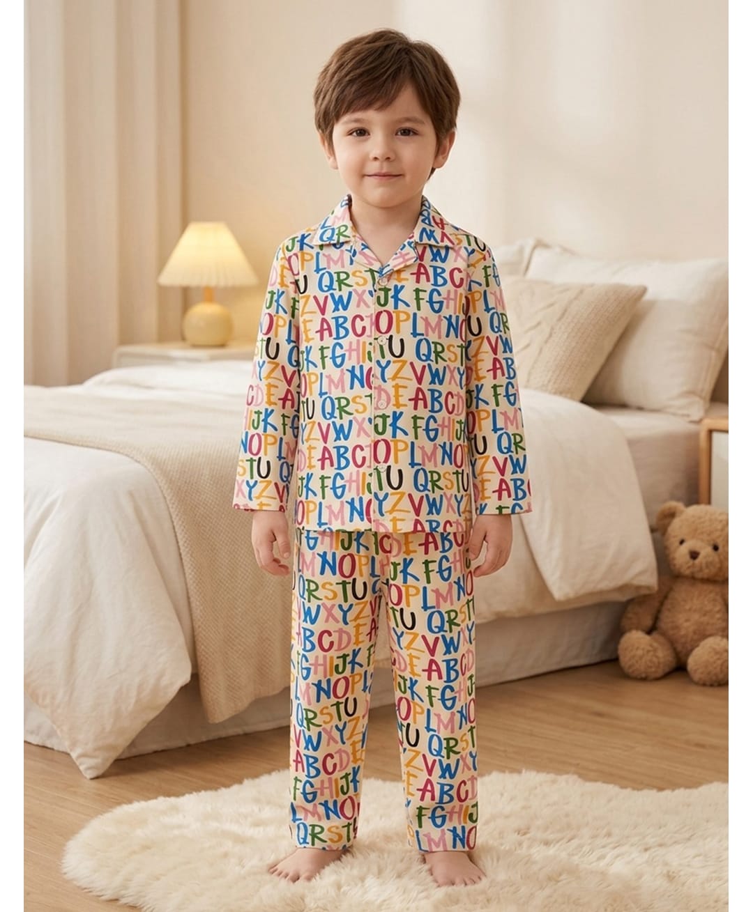 Rikidoos Cotton Woven Full Sleeve Shirt & Pyjama Night Suit With Alphabets Print -Cream-picture-1