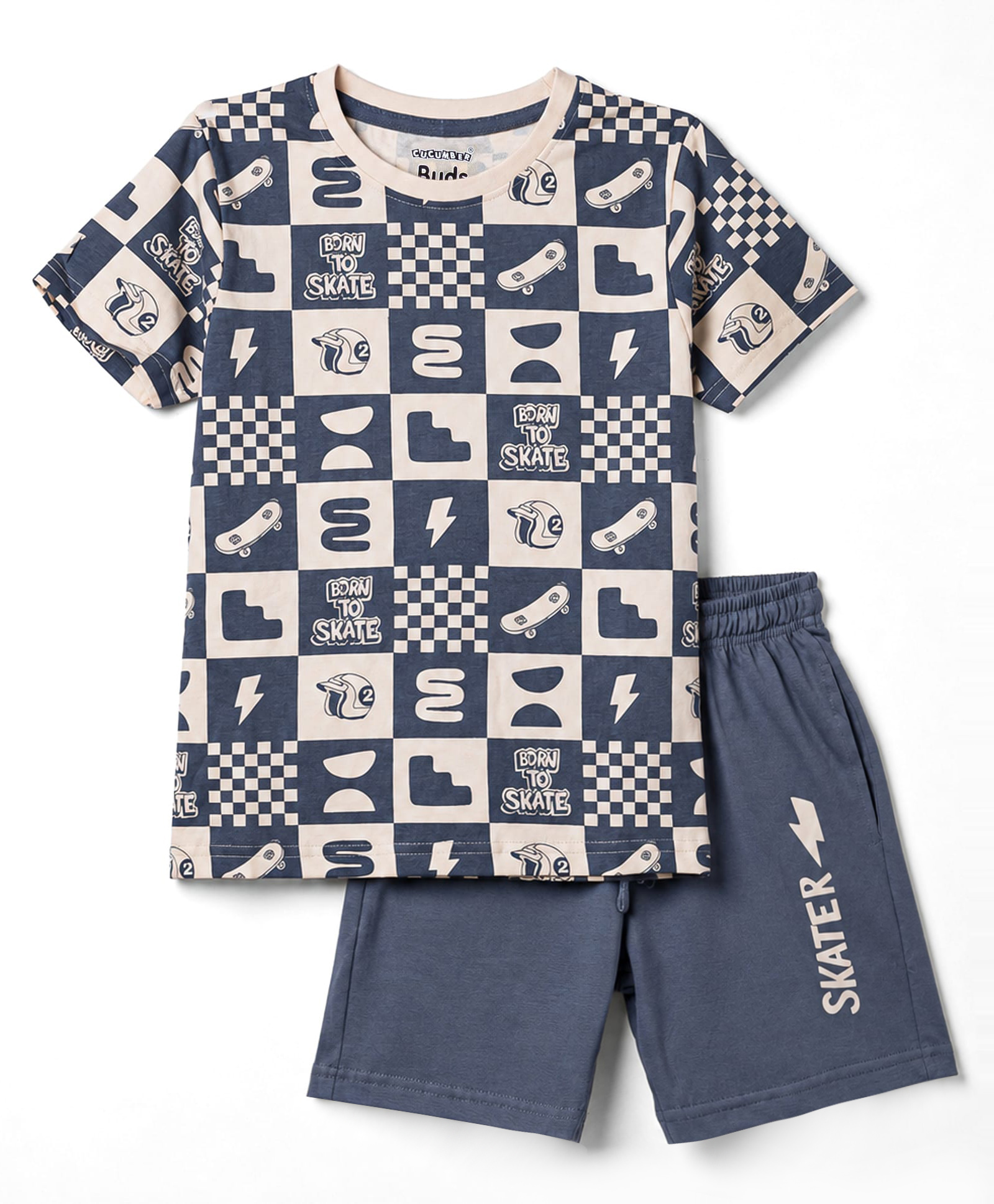 CUCUMBER Sinker Knit Half Sleeves Checked & Skates Theme Printed T-Shirt & Shorts Set - Cream & Navy Blue-image-9