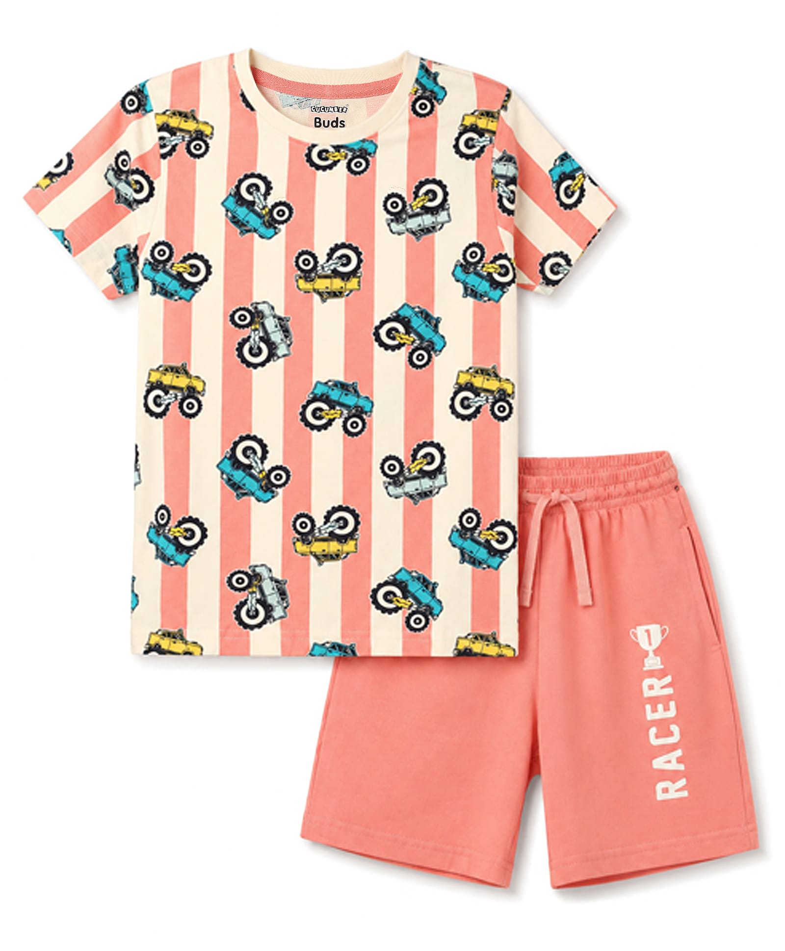 CUCUMBER Sinker Knit Half Sleeves T-Shirt & Shorts Set with Vehicles Print - Off White & Peach-picture-30