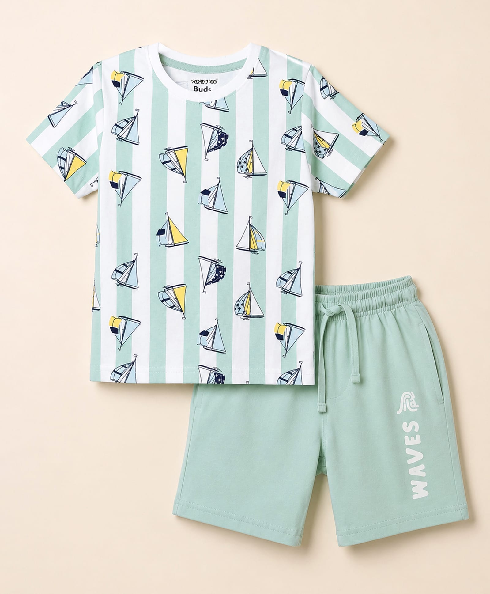 CUCUMBER Sinker Knit Half Sleeves T-Shirt & Shorts Set with Nautical Theme Print - White & Mint-image-43
