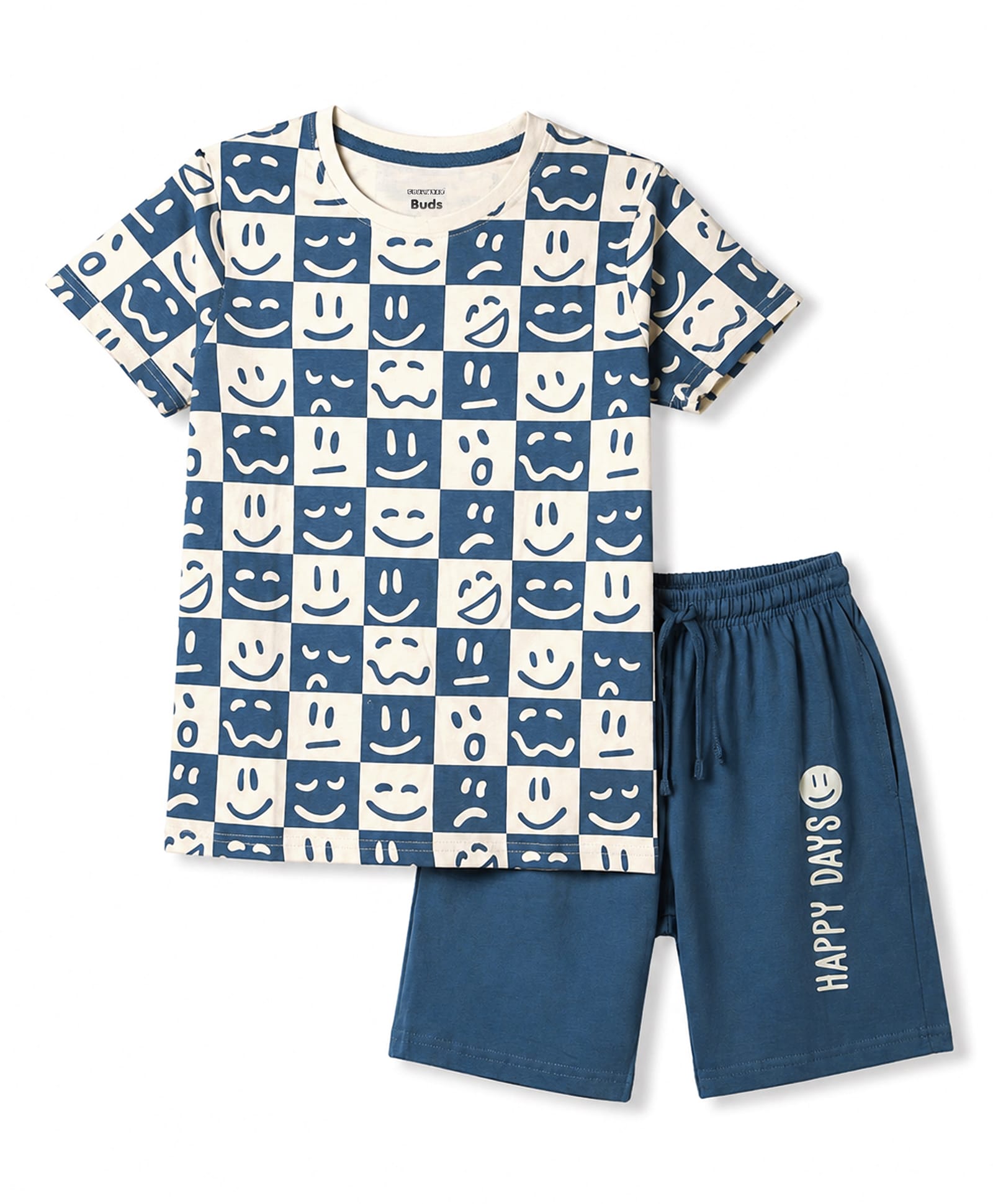 CUCUMBER Sinker Knit Half Sleeves T-Shirt & Shorts Set with Smiley Print - Charcoal Grey-image-34