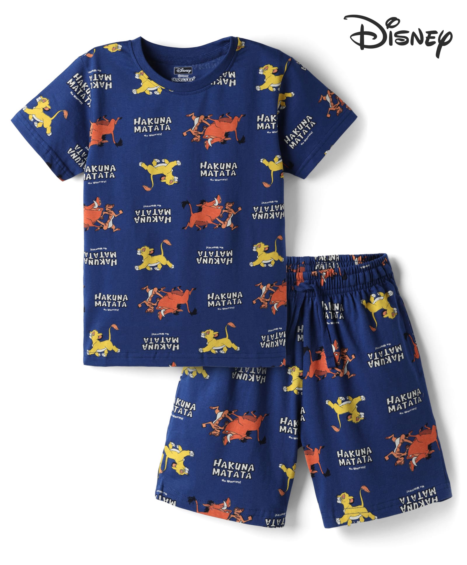 CUCUMBER Sinker Knit Half Sleeves Co-Ords Hakuna Matata Printed T-Shirt & Shorts Night Suit - Navy-picture-29