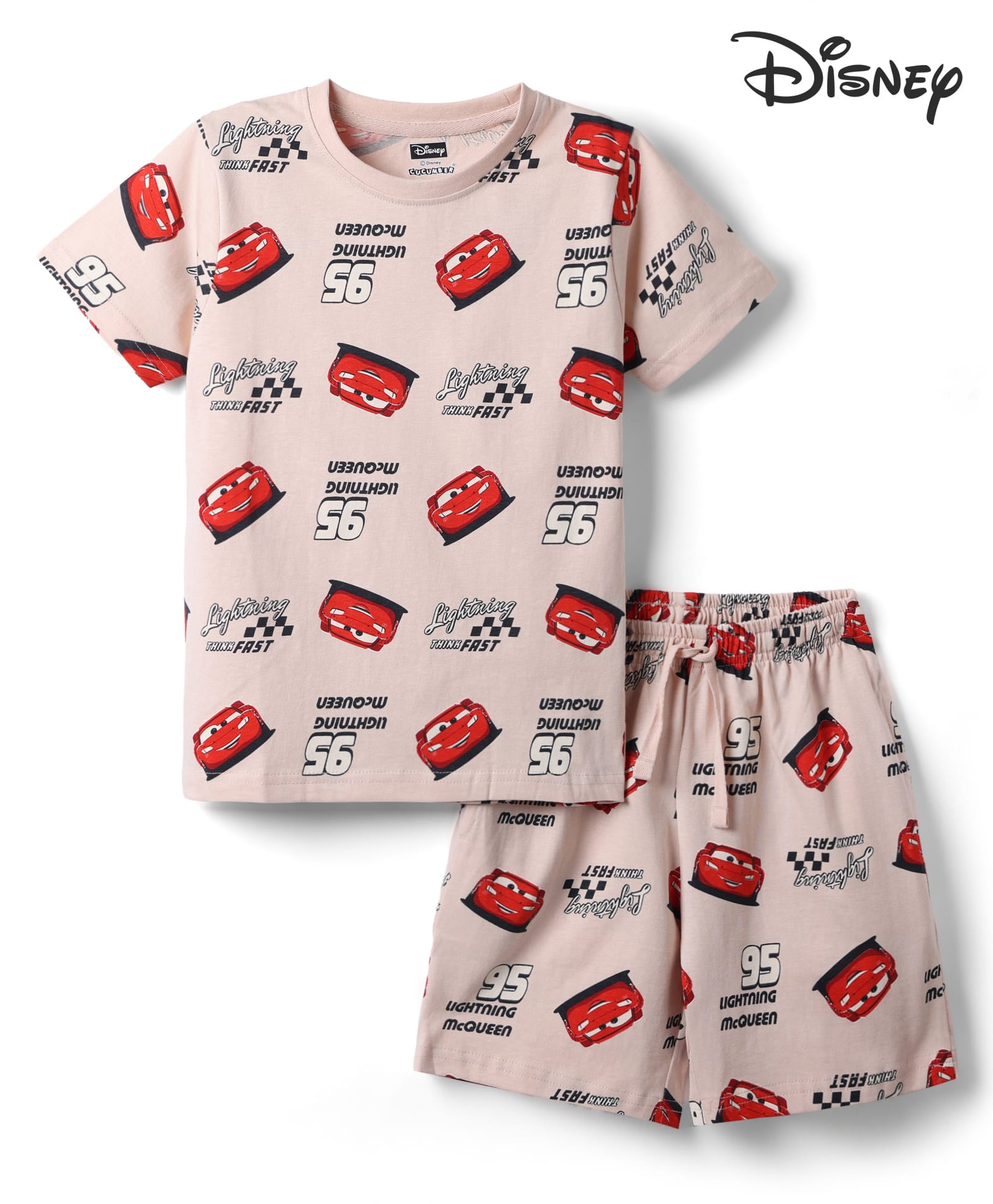 CUCUMBER Sinker Knit Half Sleeves Co-Ords Pixar Cars Printed T-Shirt & Shorts Night Suit - Ivory-image-8