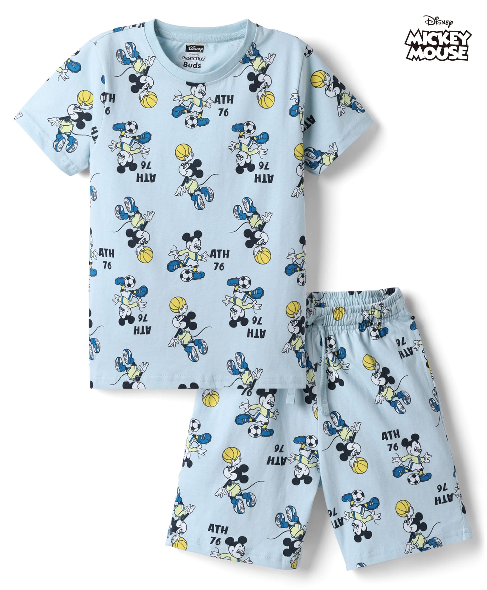 CUCUMBER Sinker Knit Half Sleeves Co-Ords Mickey Mouse Printed T-Shirt & Shorts Night Suit - Sky-picture-1